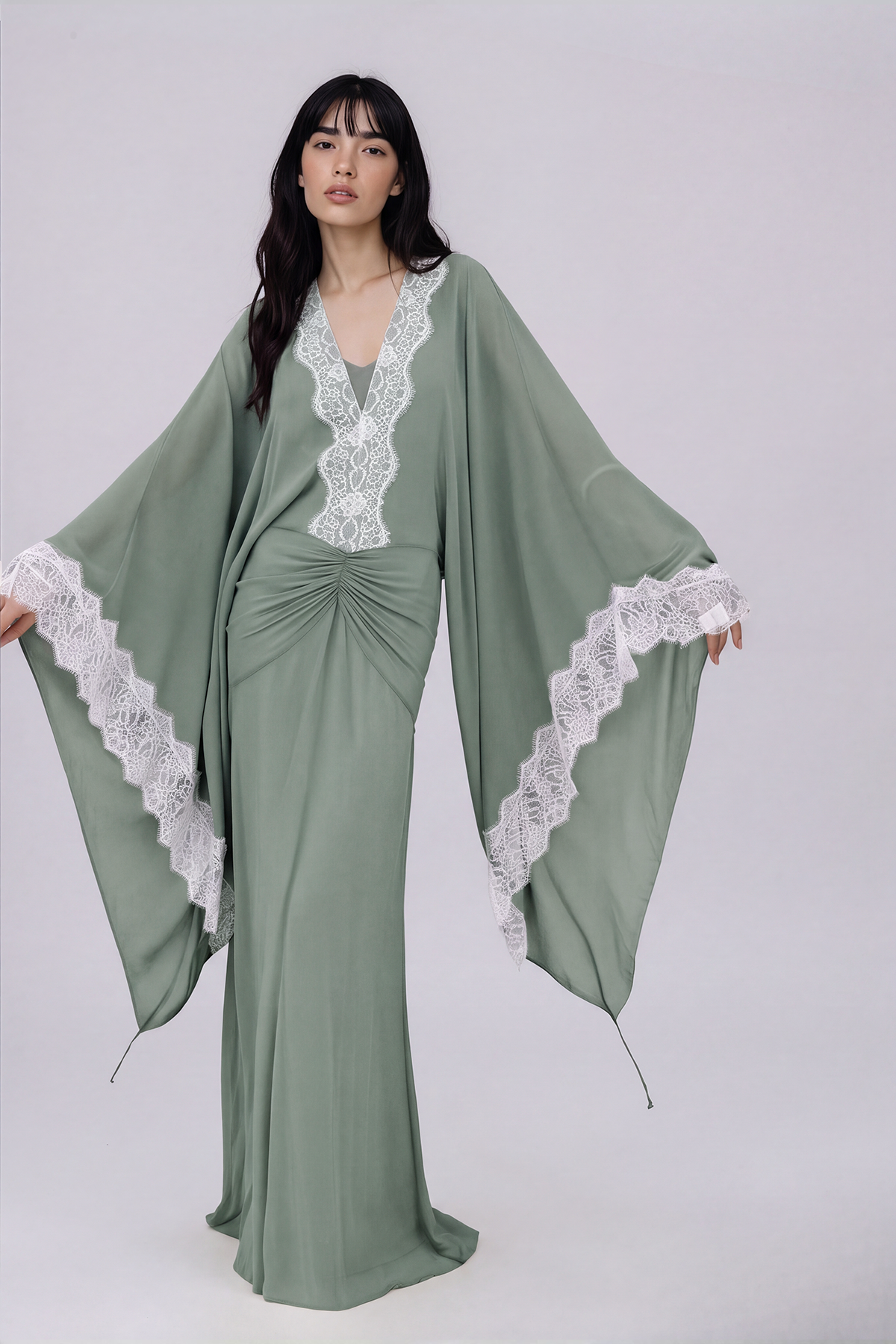 Nadda Batwing Sleeve Lace Maxi Dress In Green