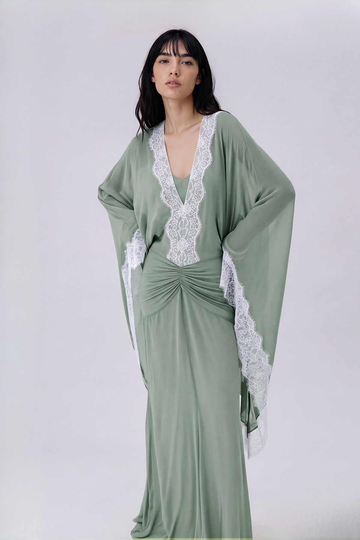 Nadda Batwing Sleeve Lace Maxi Dress In Green