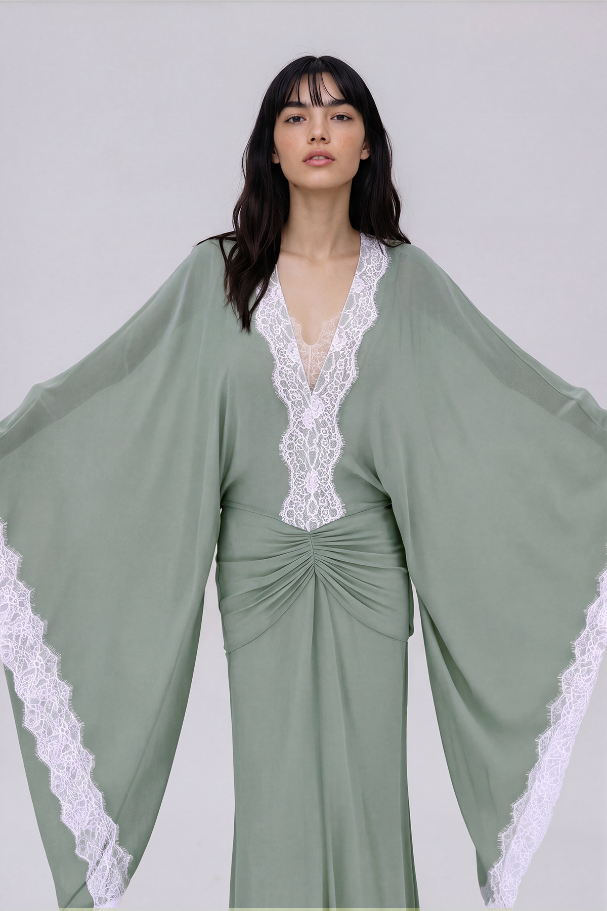 Nadda Batwing Sleeve Lace Maxi Dress In Green