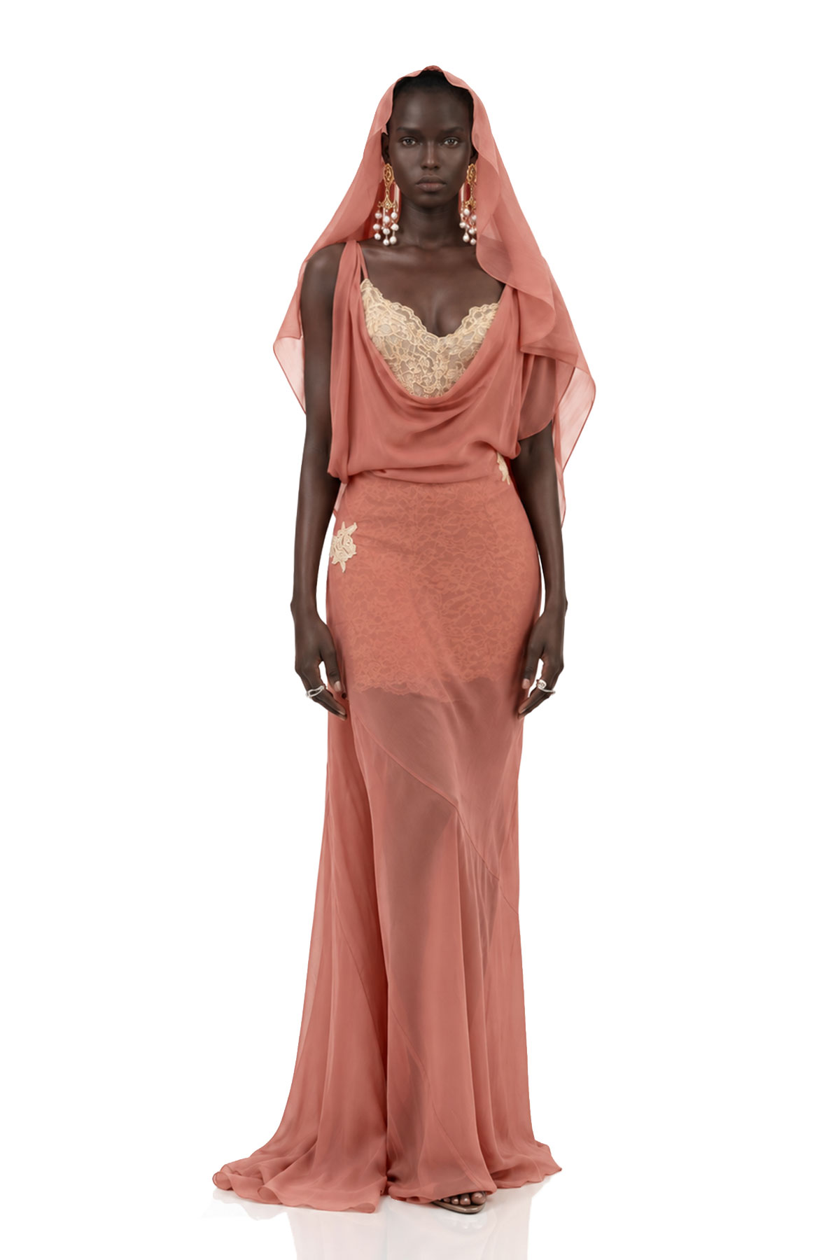 Nadda Draped Mesh Lace Maxi Dress