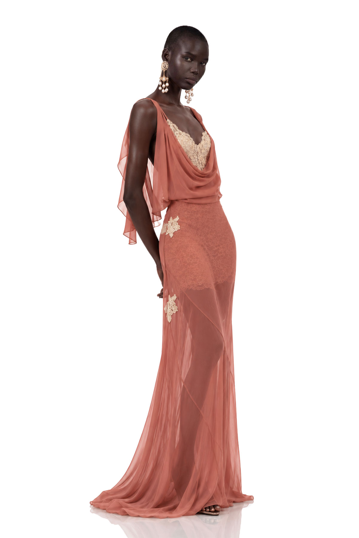 Nadda Draped Mesh Lace Maxi Dress