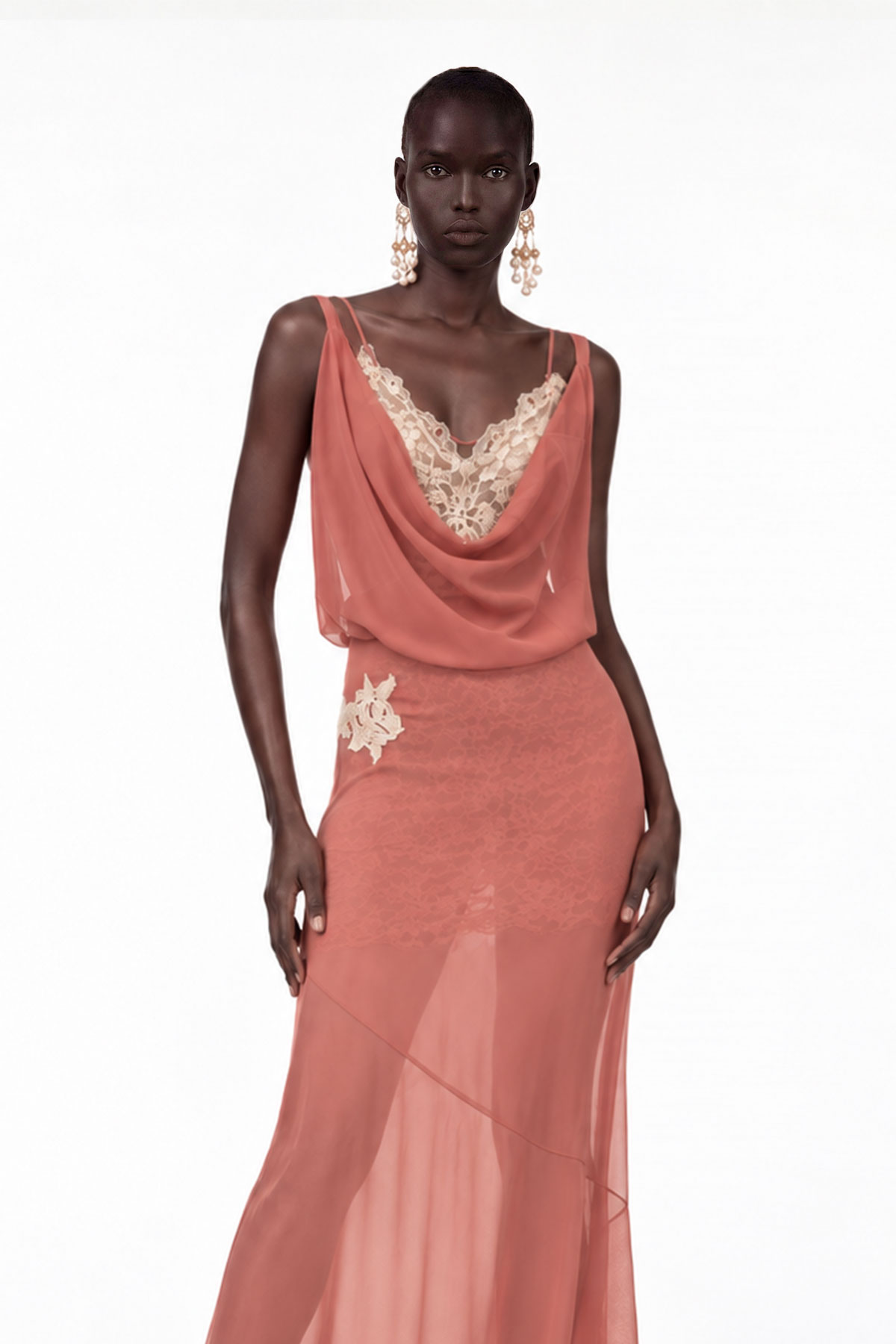 Nadda Draped Mesh Lace Maxi Dress