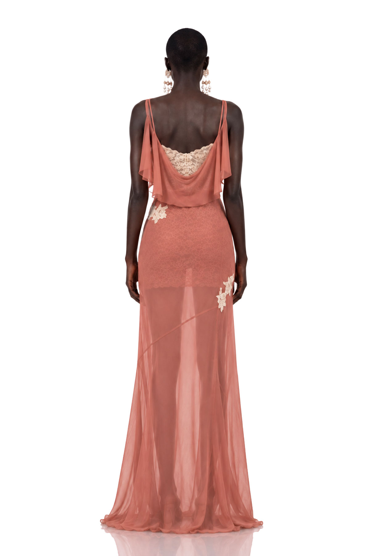 Nadda Draped Mesh Lace Maxi Dress