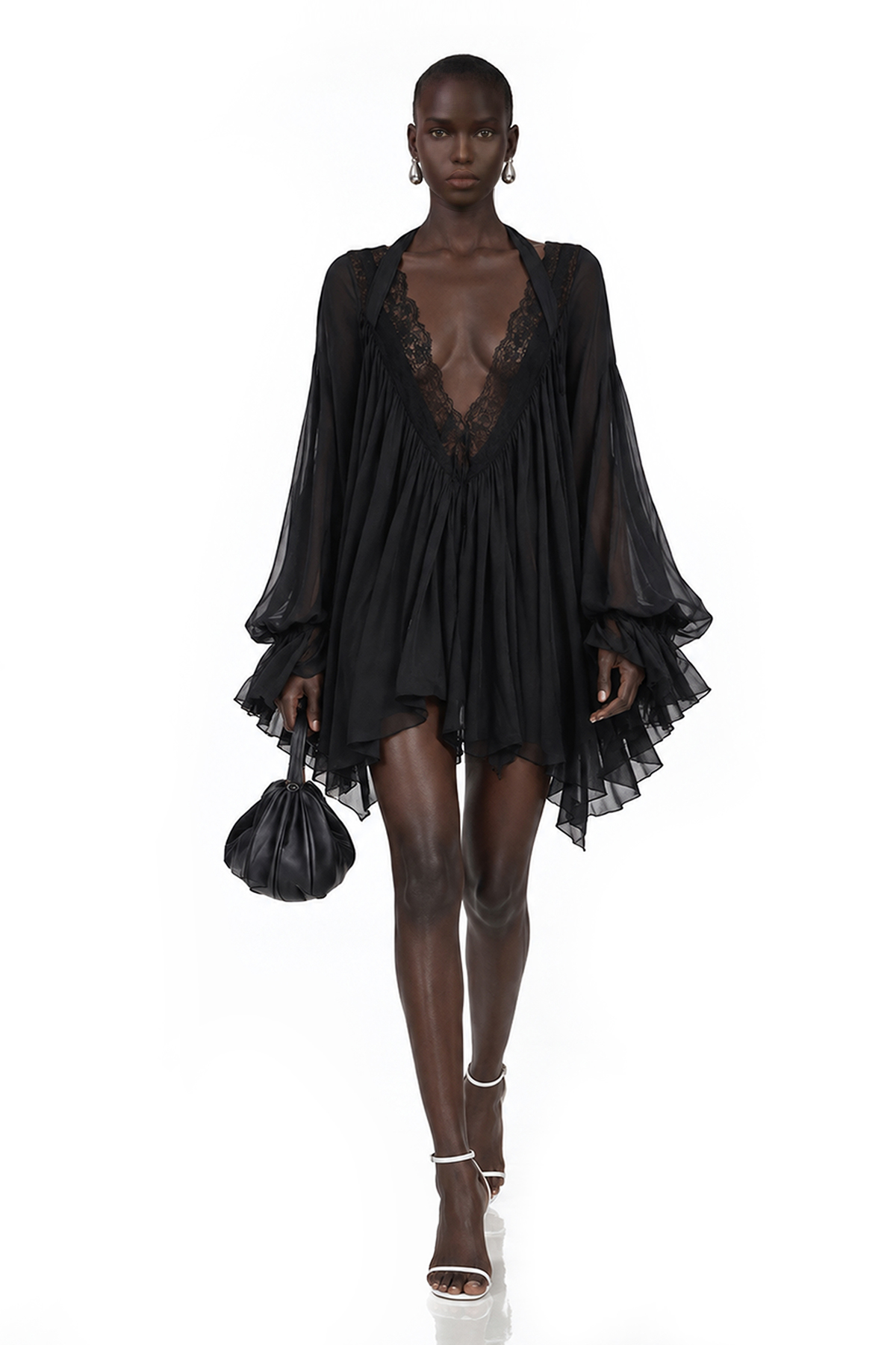 Naflah Plunge Lace Ruffle Mini Dress
