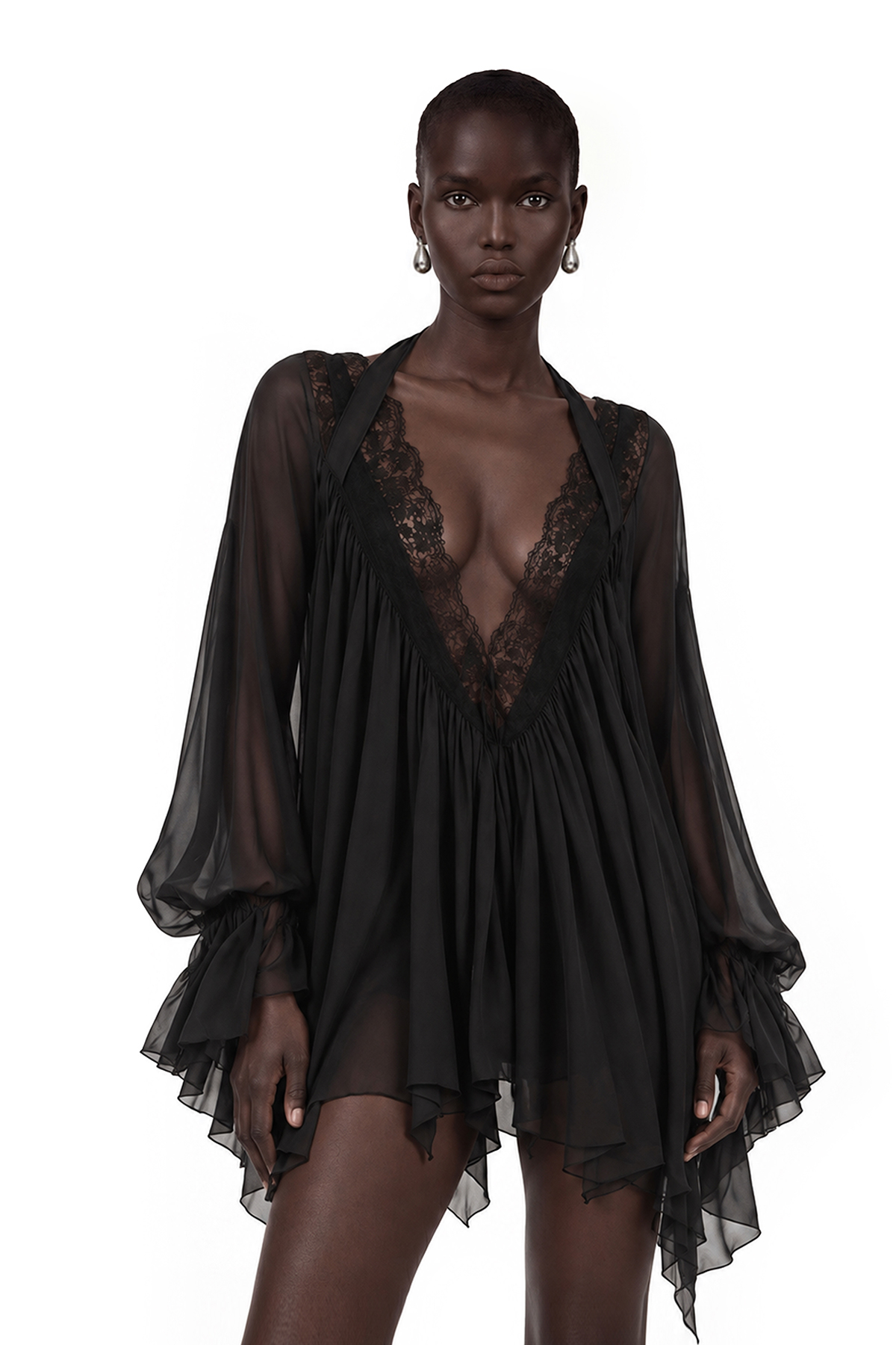 Naflah Plunge Lace Ruffle Mini Dress