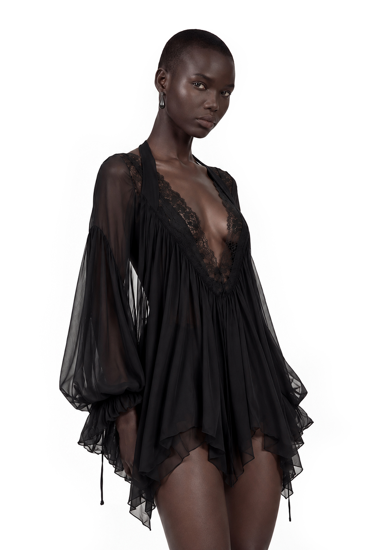 Naflah Plunge Lace Ruffle Mini Dress