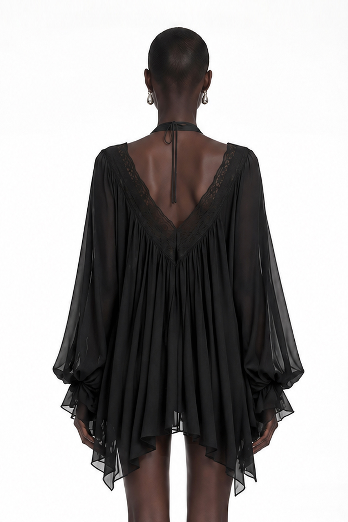 Naflah Plunge Lace Ruffle Mini Dress
