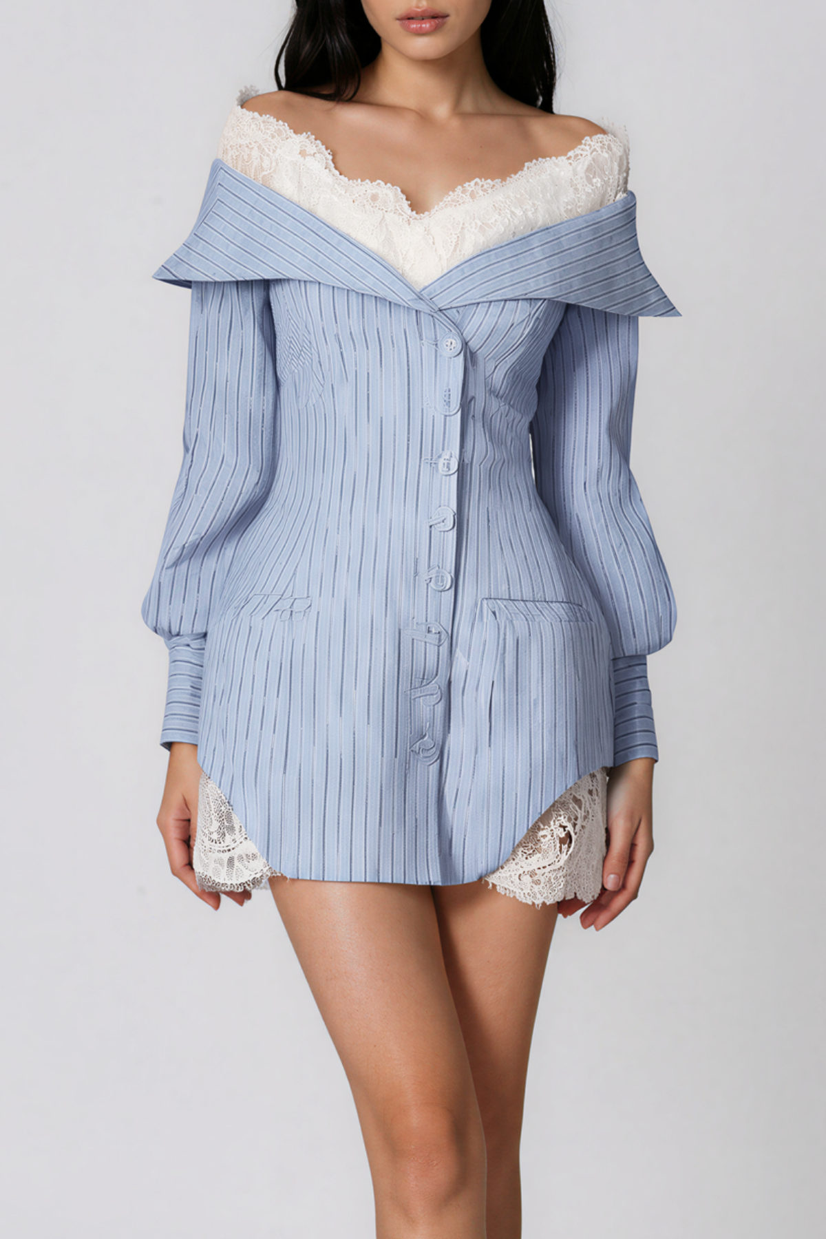 Nage Off Shoulder Lace Stripe Mini Shirt Dress