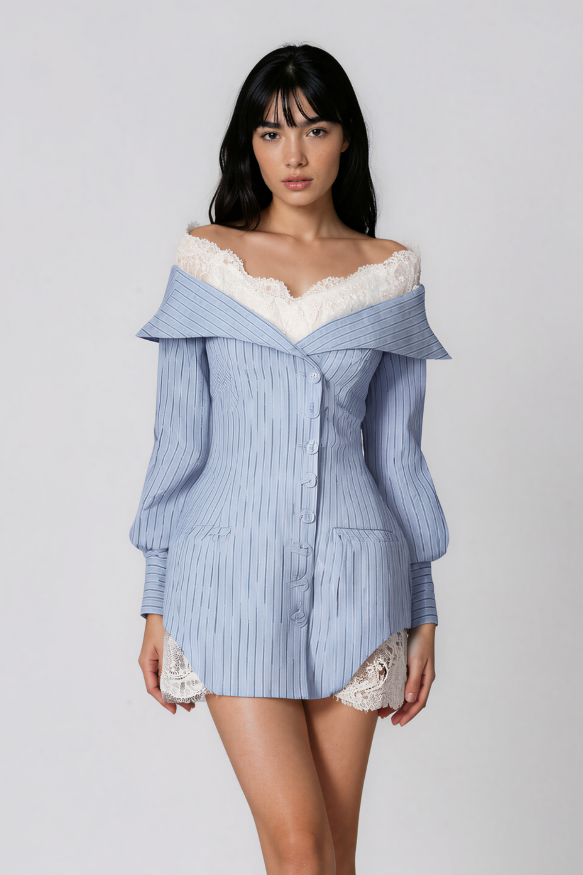 Nage Off Shoulder Lace Stripe Mini Shirt Dress