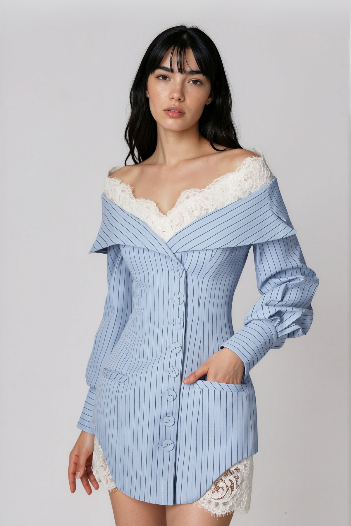 Nage Off Shoulder Lace Stripe Mini Shirt Dress
