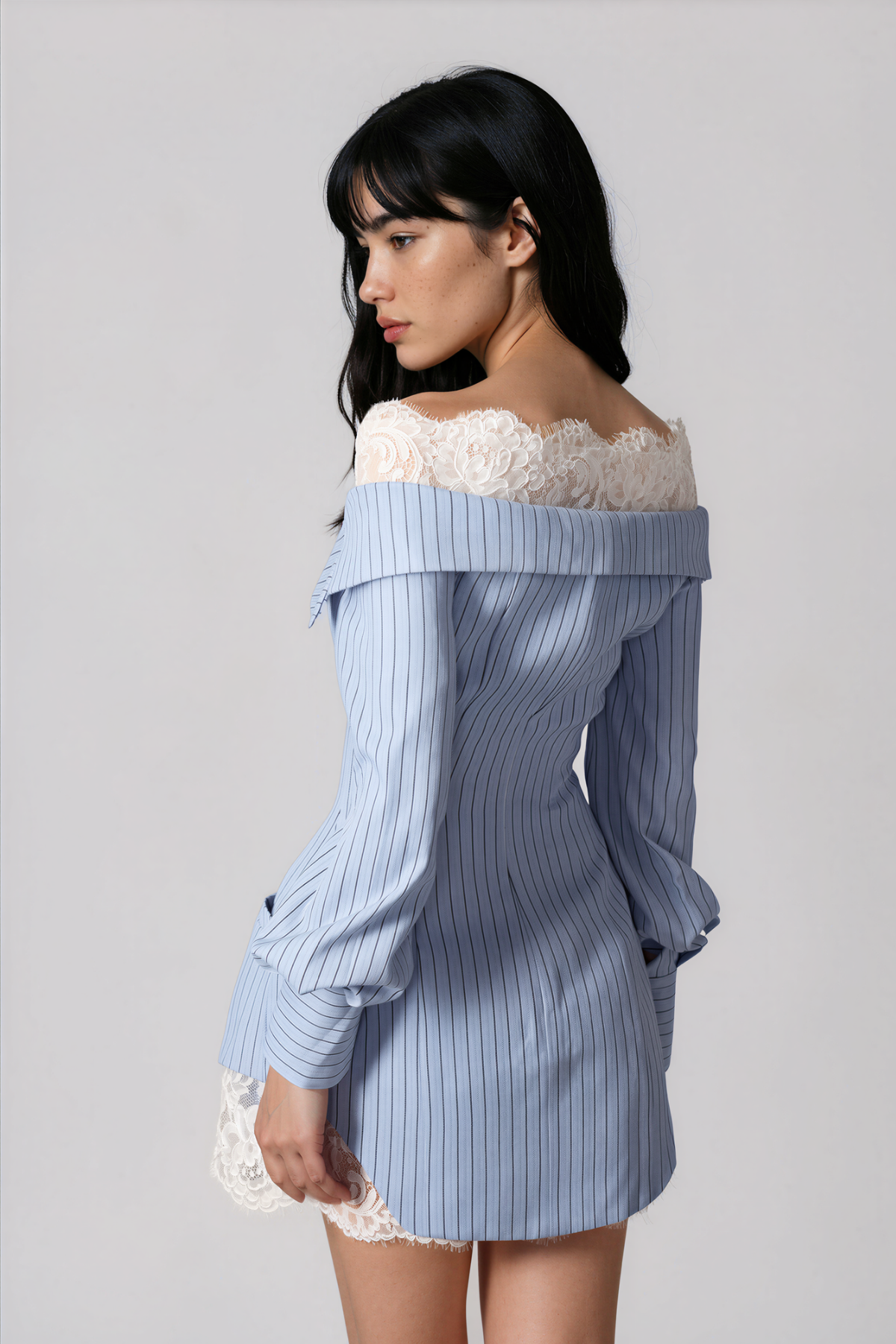 Nage Off Shoulder Lace Stripe Mini Shirt Dress