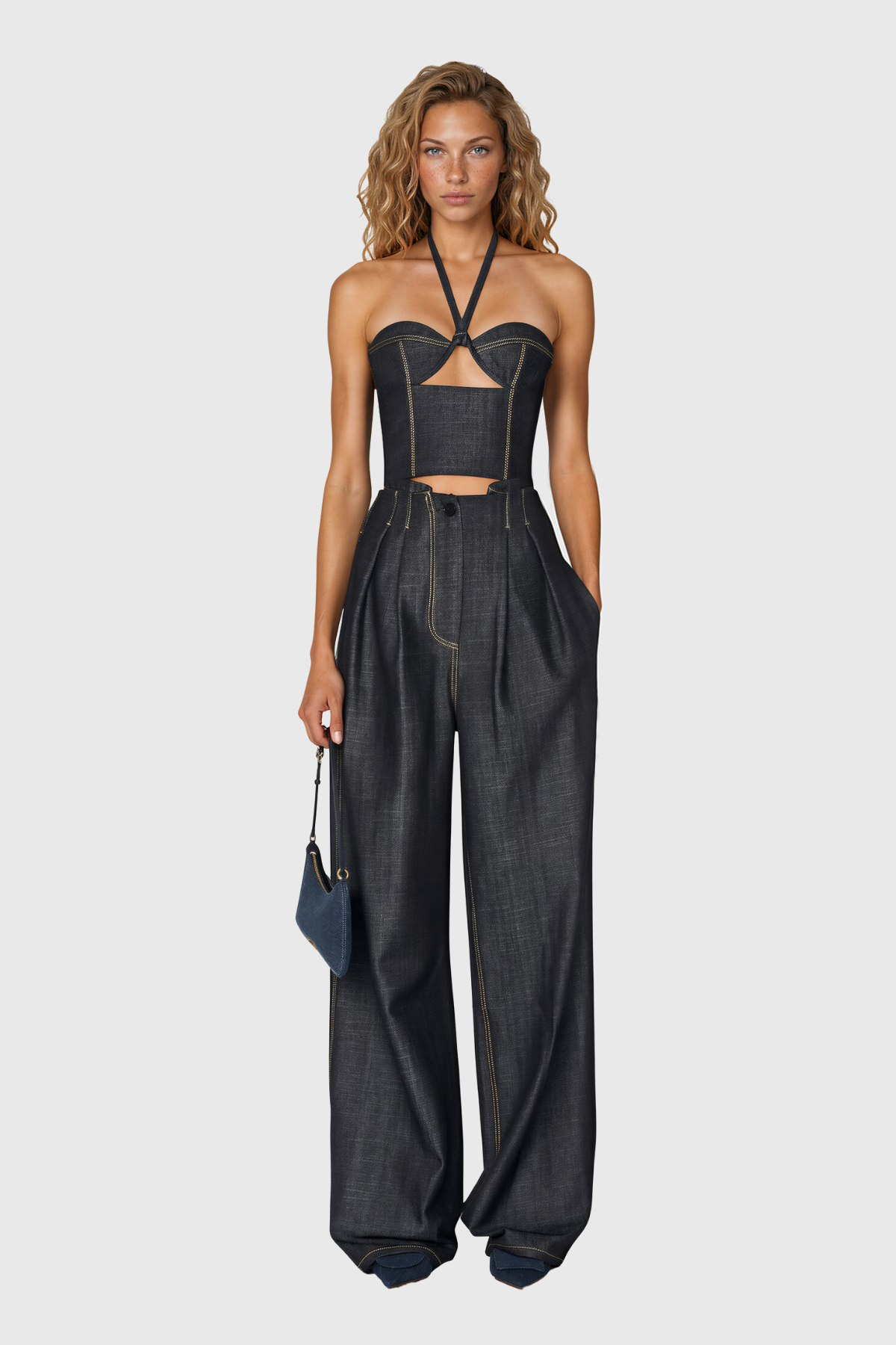 Nahla Halter Neck Cutout Denim Pants Set