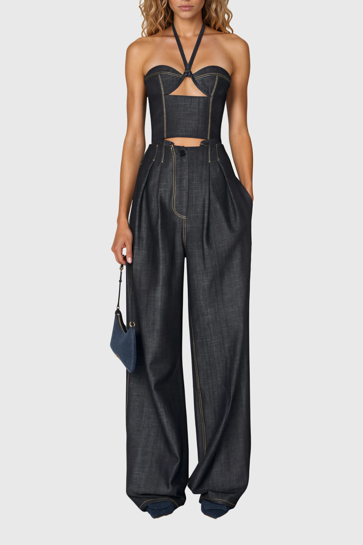 Nahla Halter Neck Cutout Denim Pants Set