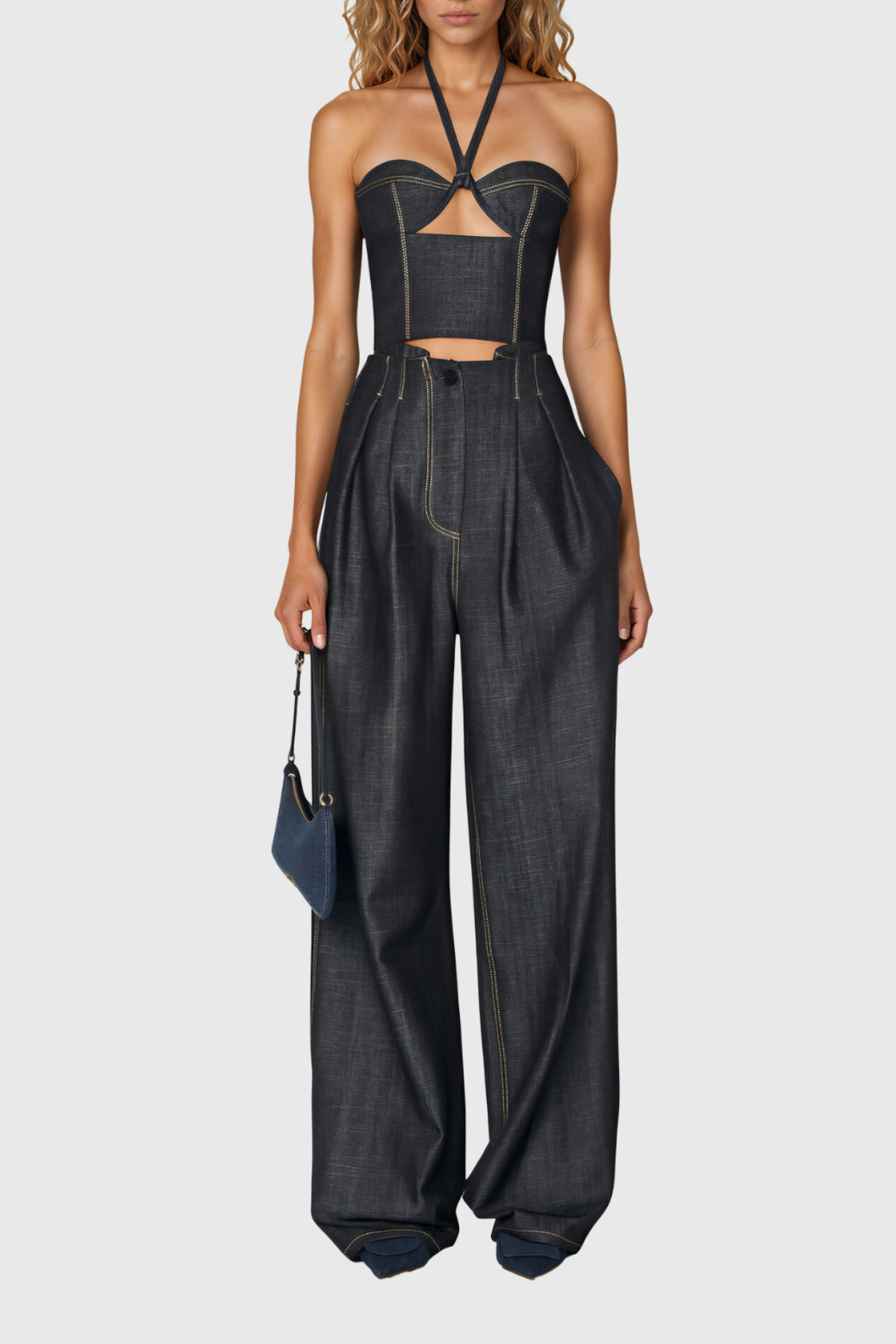 Nahla Halter Neck Cutout Denim Pants Set