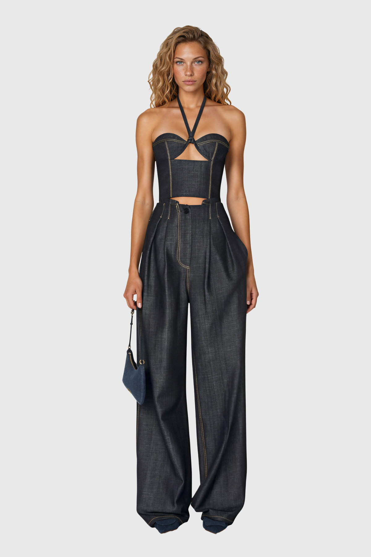 Nahla Halter Neck Cutout Denim Top