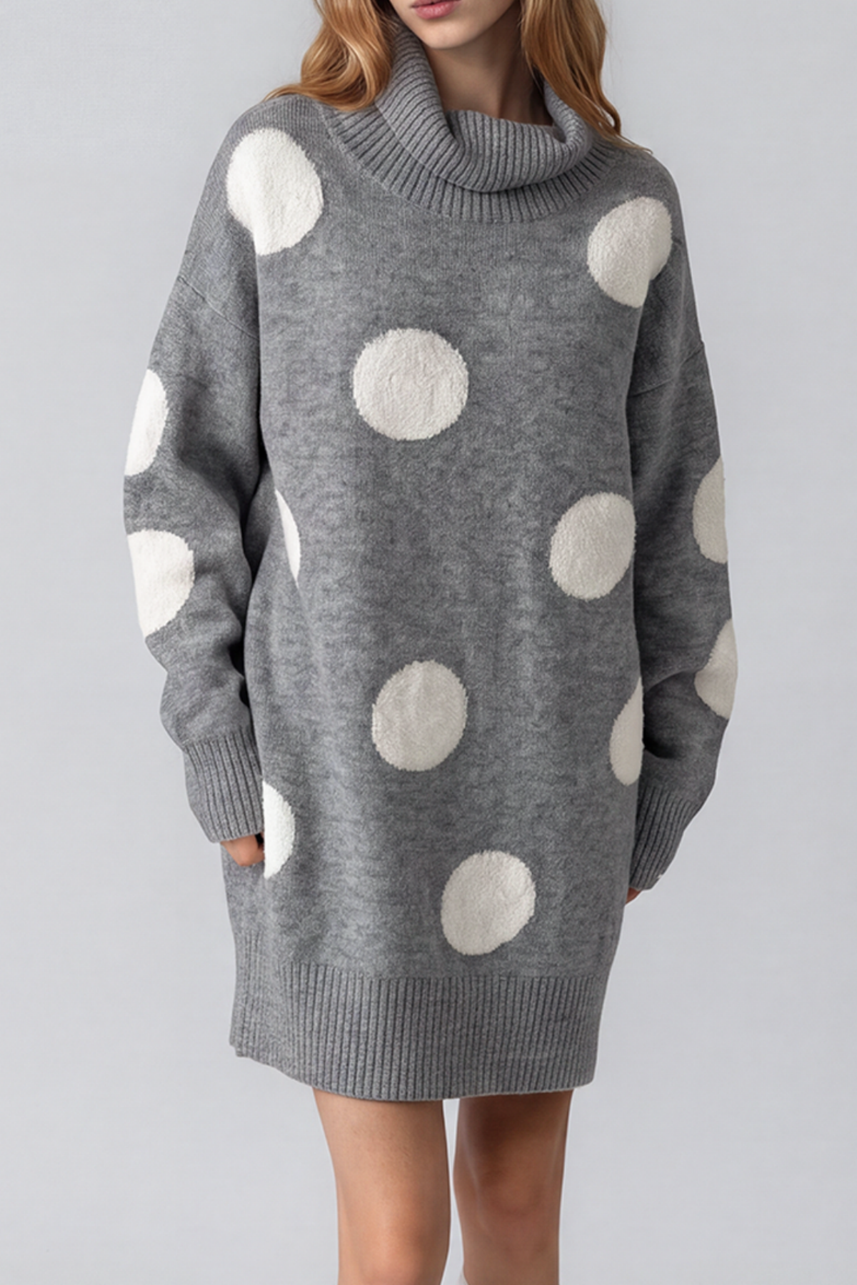 Naima High Neck Dot Knit Mini Dress In Grey