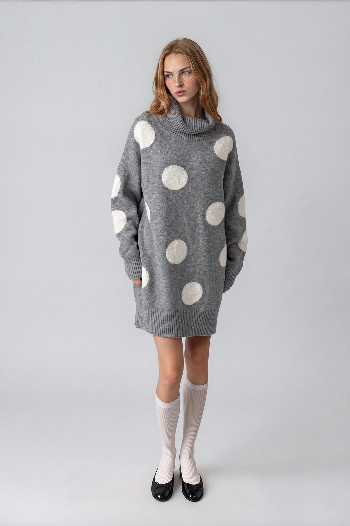 Naima High Neck Dot Knit Mini Dress In Grey