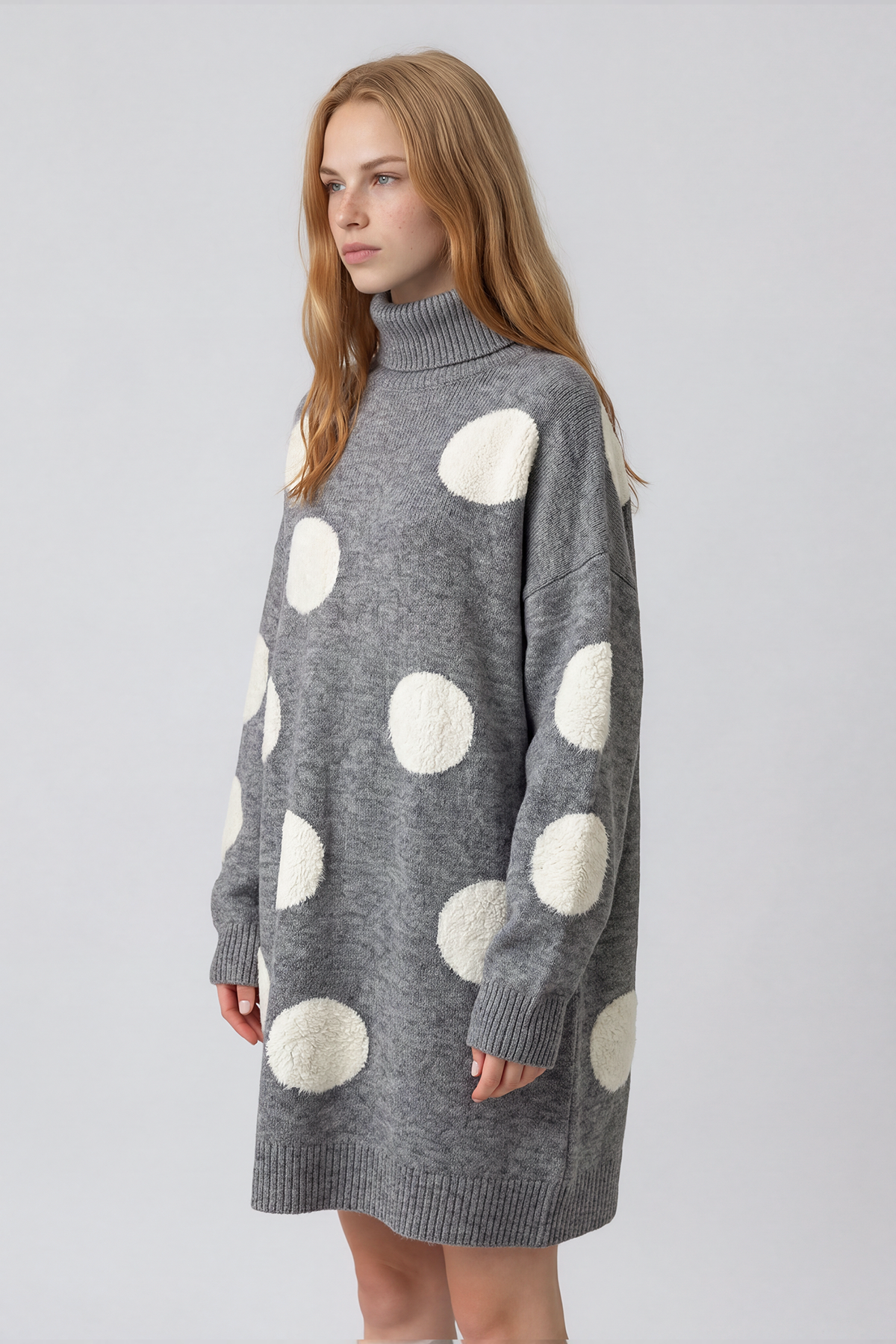Naima High Neck Dot Knit Mini Dress In Grey