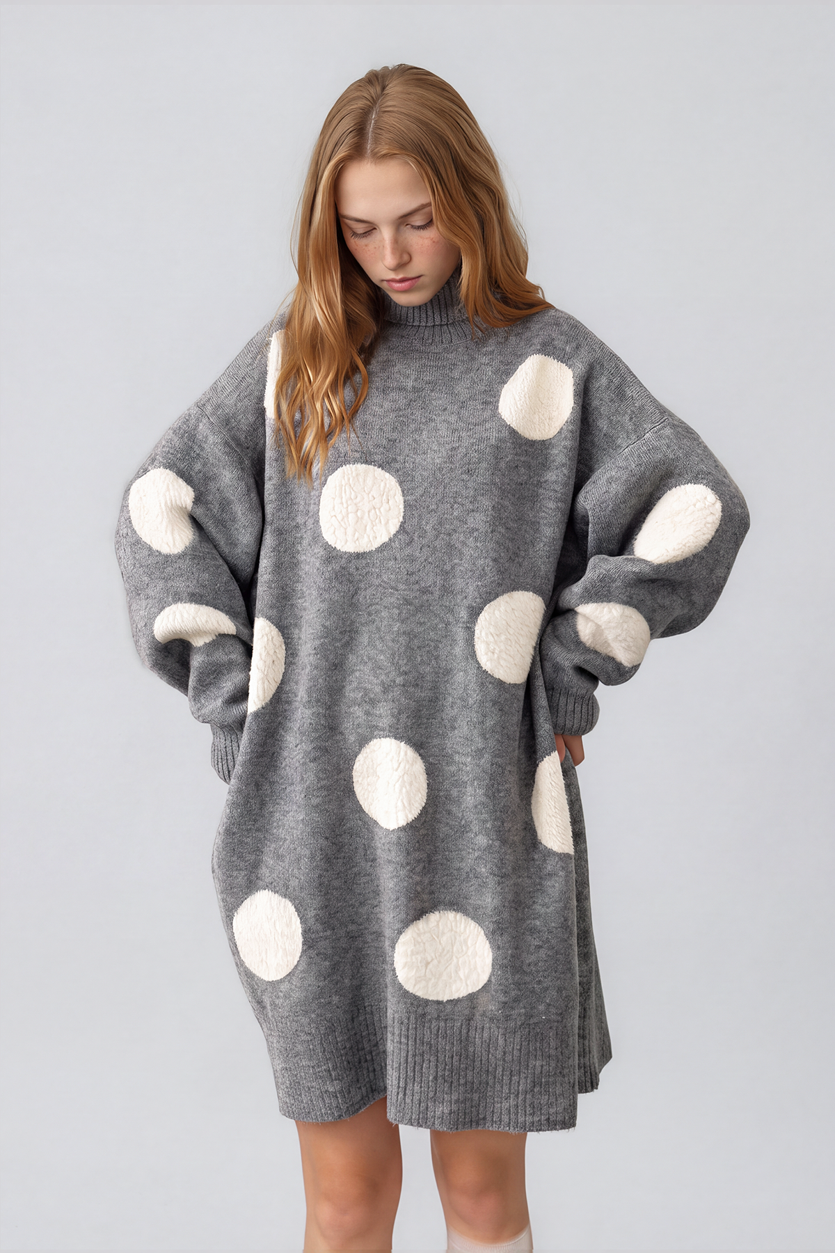 Naima High Neck Dot Knit Mini Dress In Grey