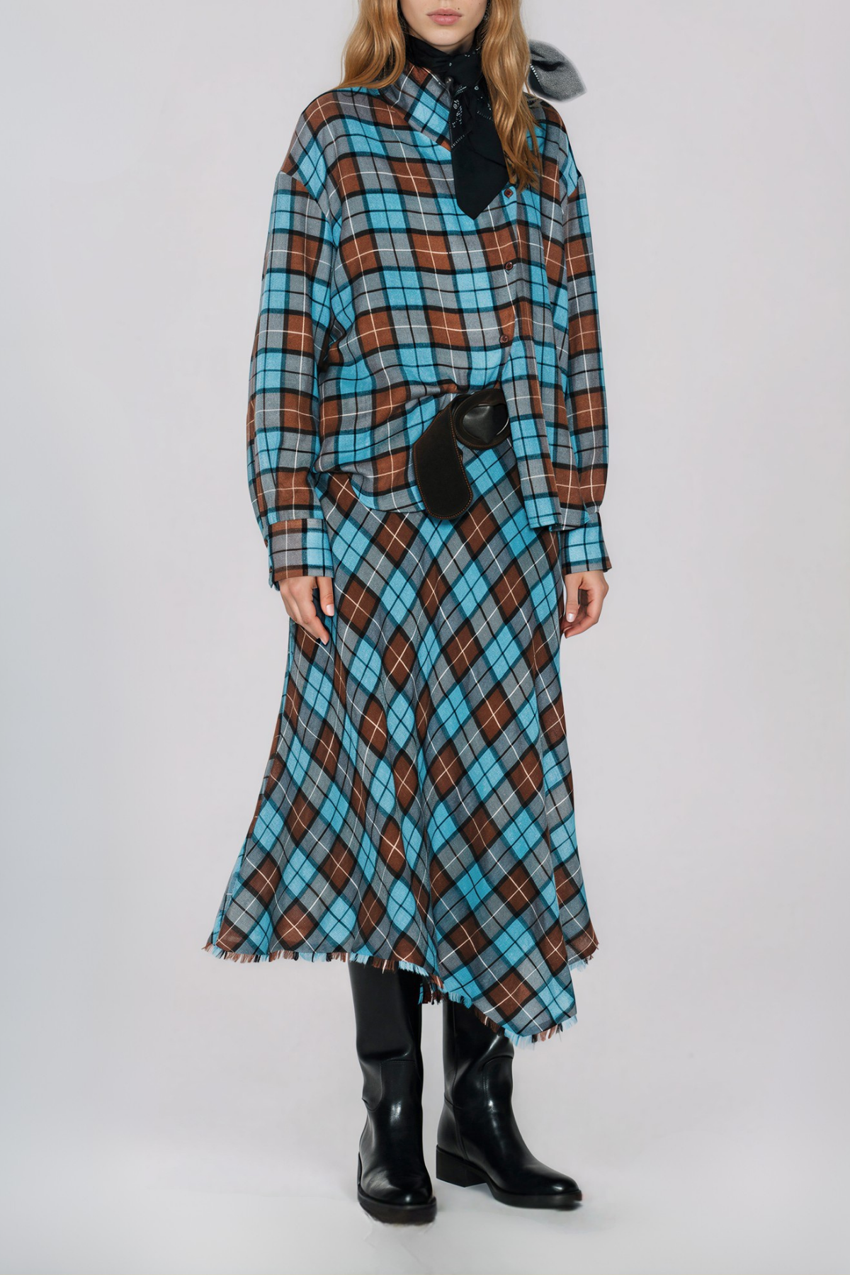 Naime Asymmetric Grid Skirt Set