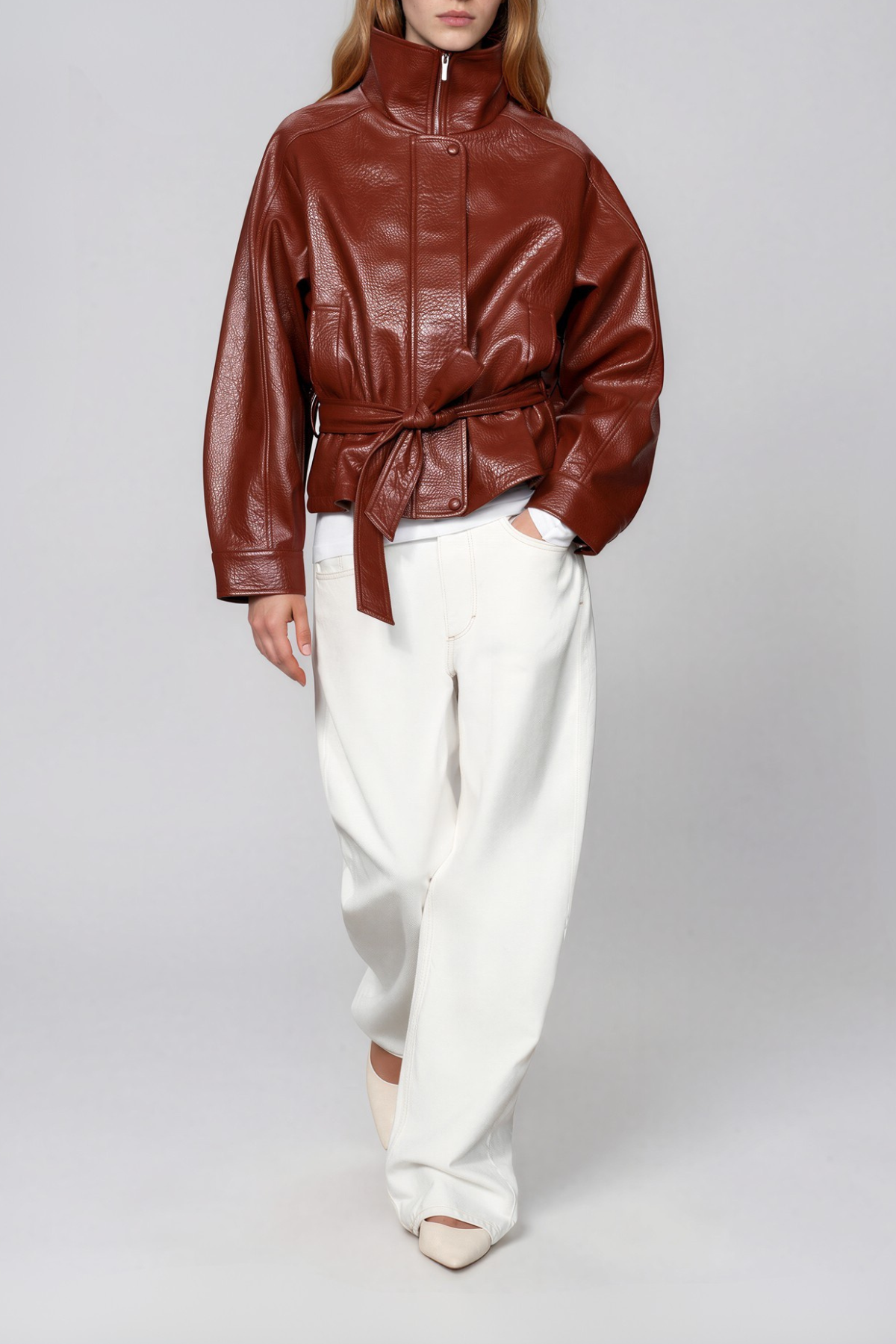 Naira High Neck Leather Tie Up Jacket