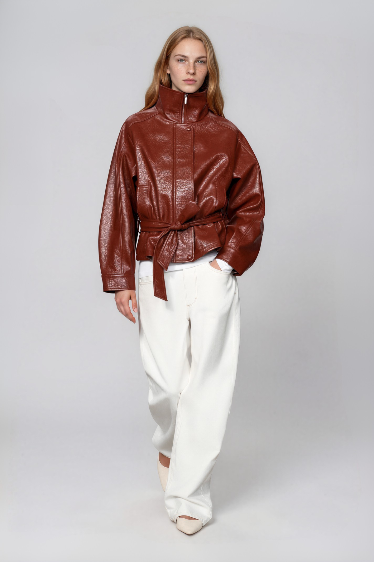 Naira High Neck Leather Tie Up Jacket
