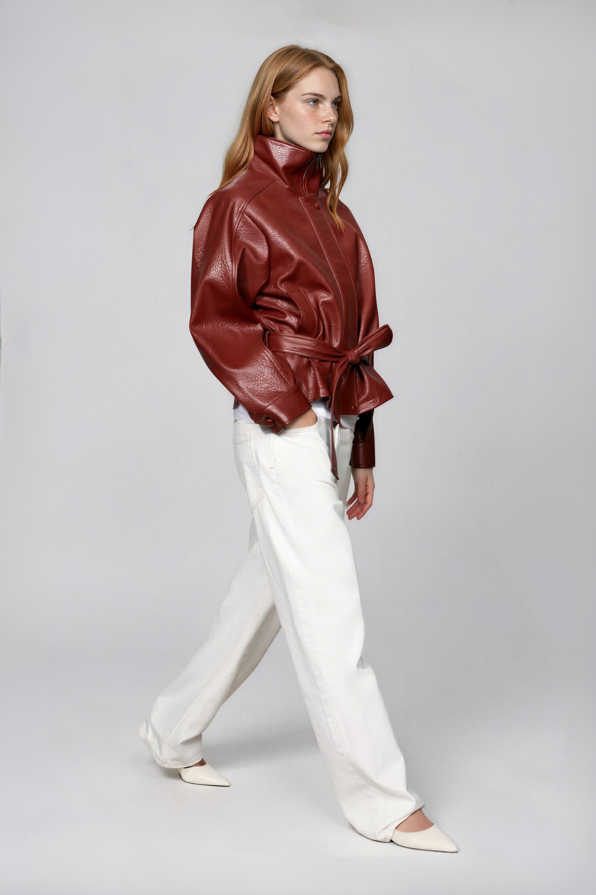 Naira High Neck Leather Tie Up Jacket