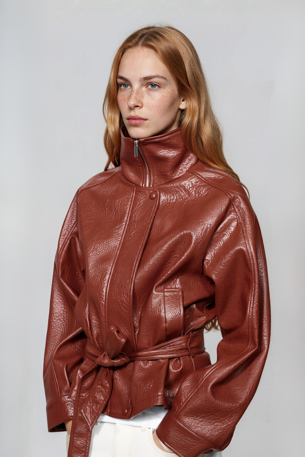 Naira High Neck Leather Tie Up Jacket