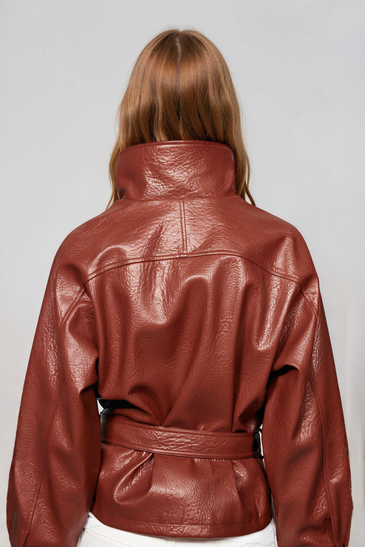 Naira High Neck Leather Tie Up Jacket