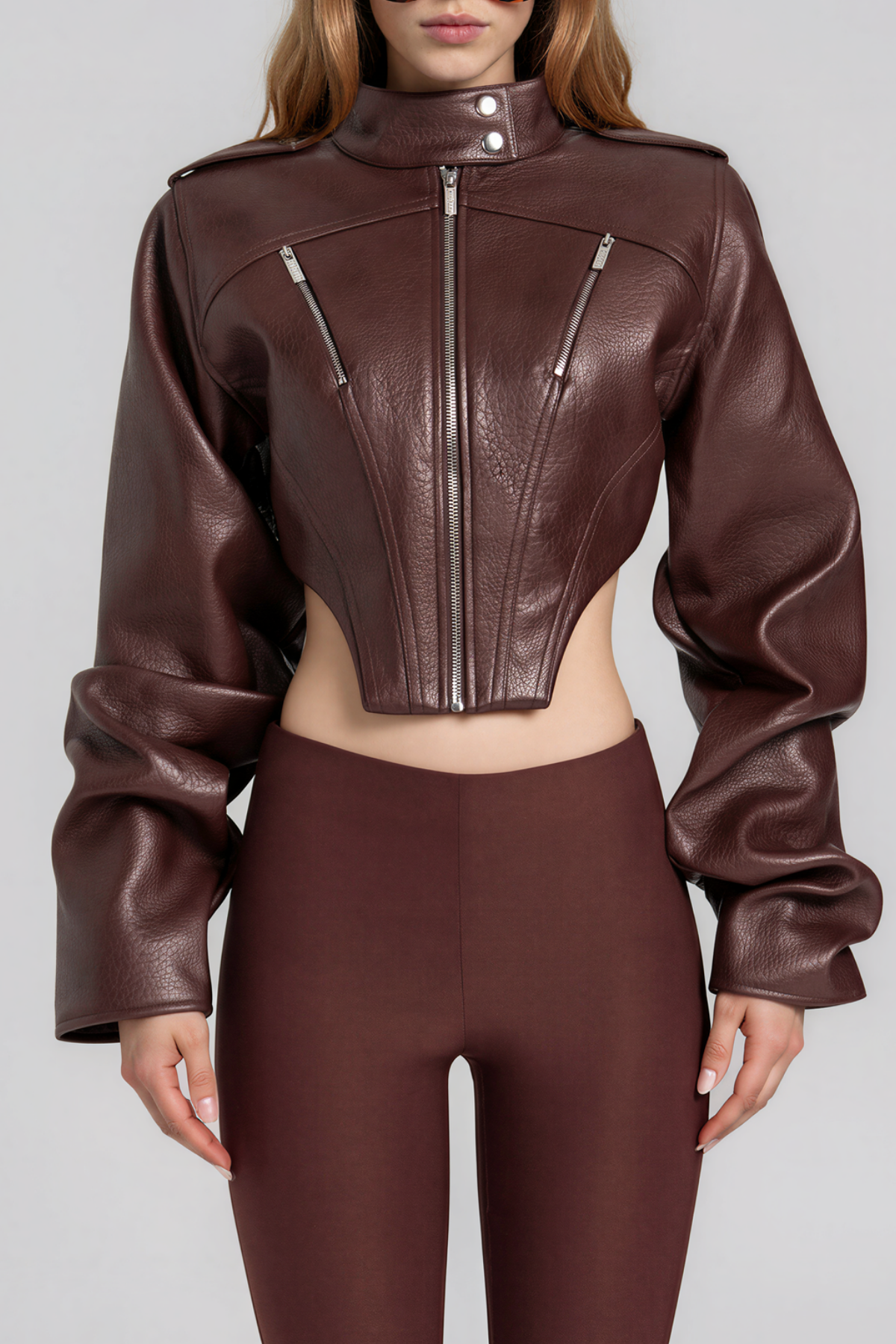 Nairi High Neck Leather Jacket In Brown