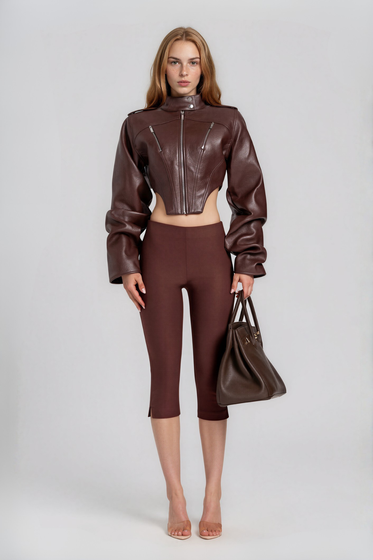 Nairi High Neck Leather Jacket In Brown
