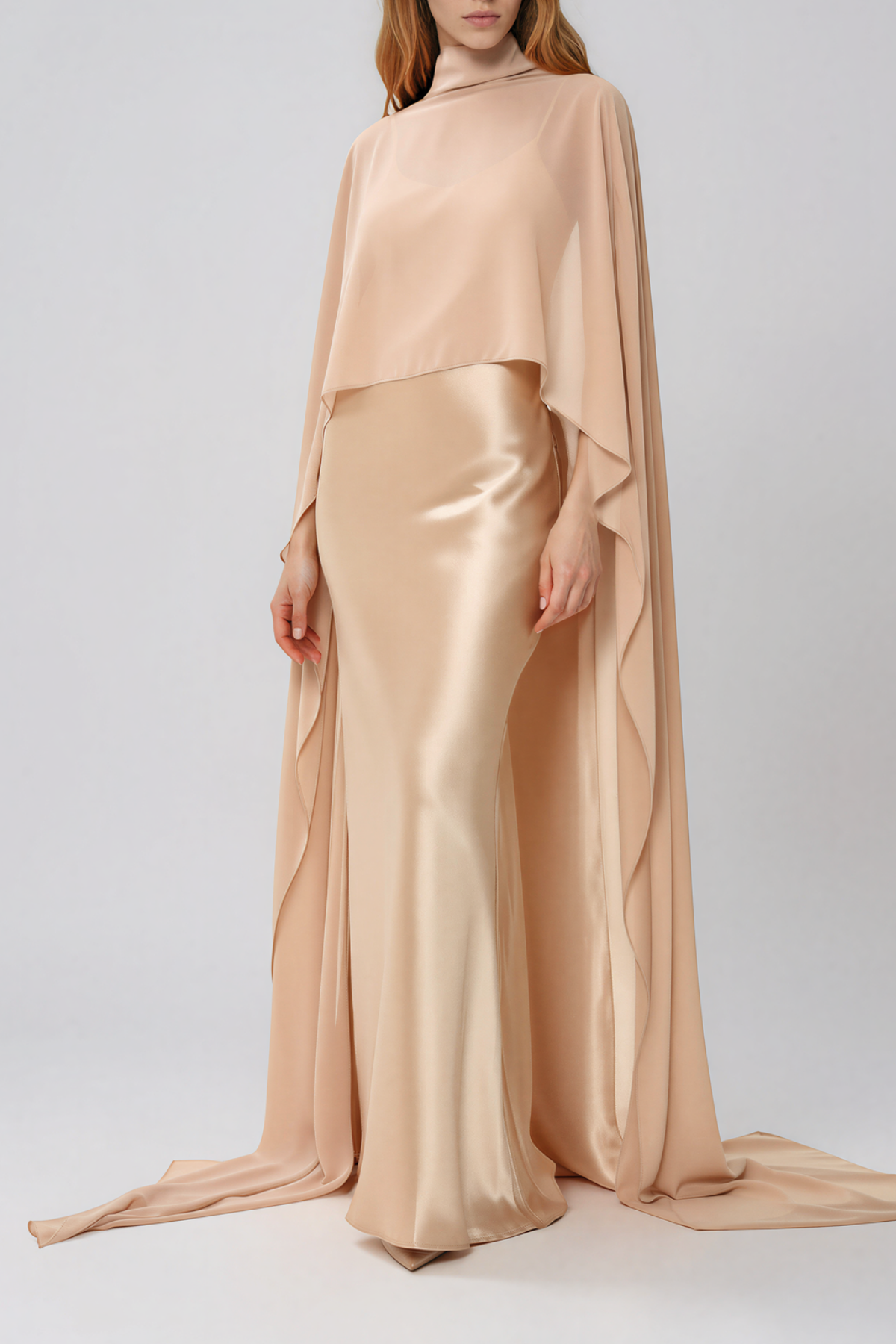 Naiya Shawl Satin Maxi Dress In Apricot