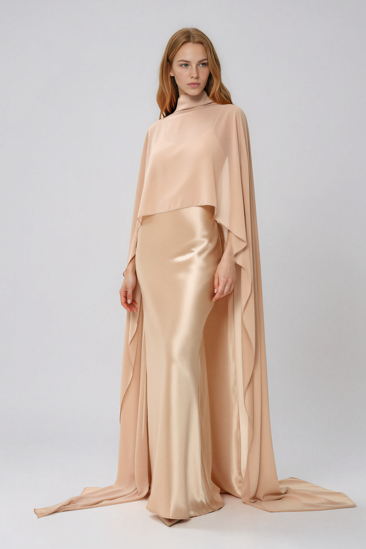 Naiya Shawl Satin Maxi Dress In Apricot