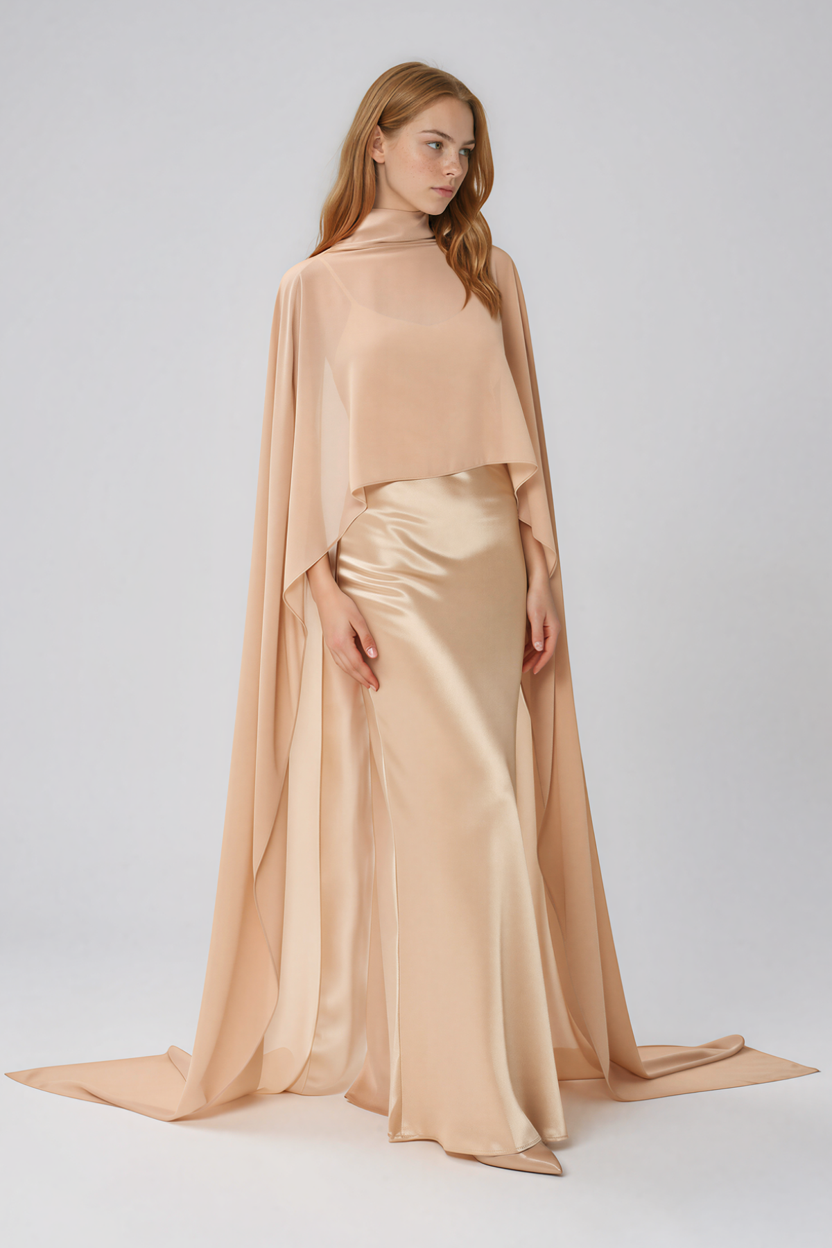 Naiya Shawl Satin Maxi Dress In Apricot