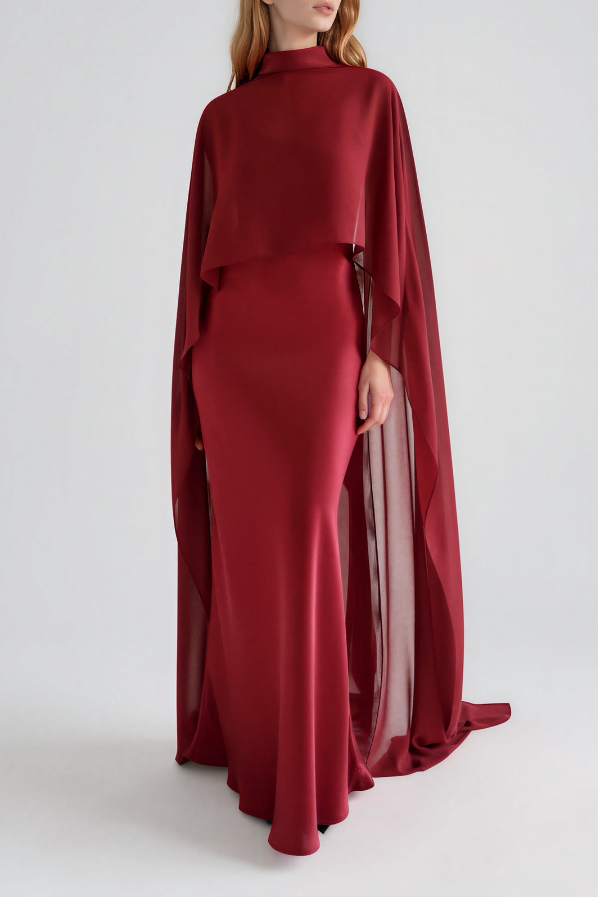Naiya Shawl Satin Maxi Dress In Red