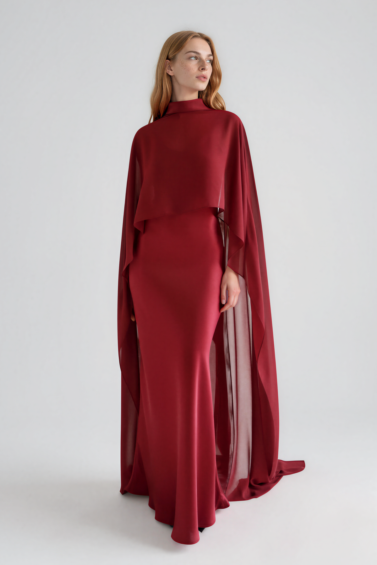 Naiya Shawl Satin Maxi Dress In Red