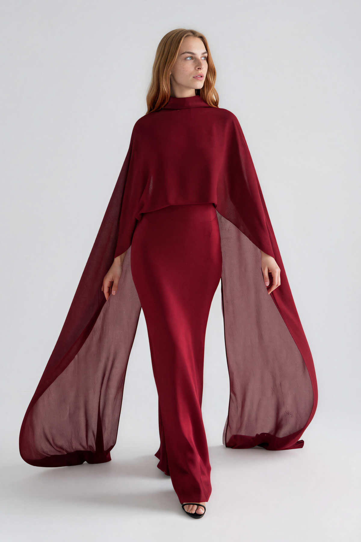 Naiya Shawl Satin Maxi Dress In Red