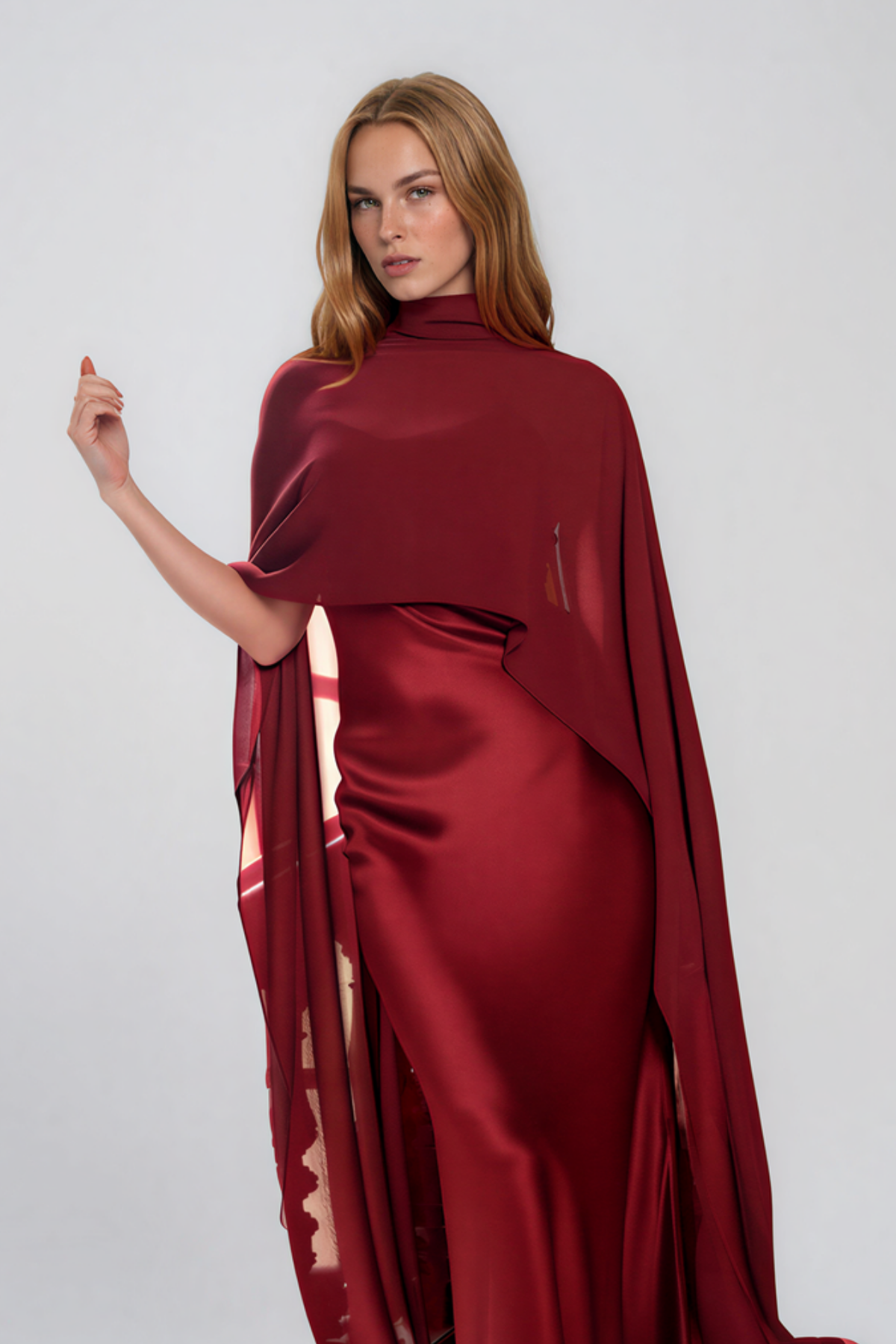 Naiya Shawl Satin Maxi Dress In Red