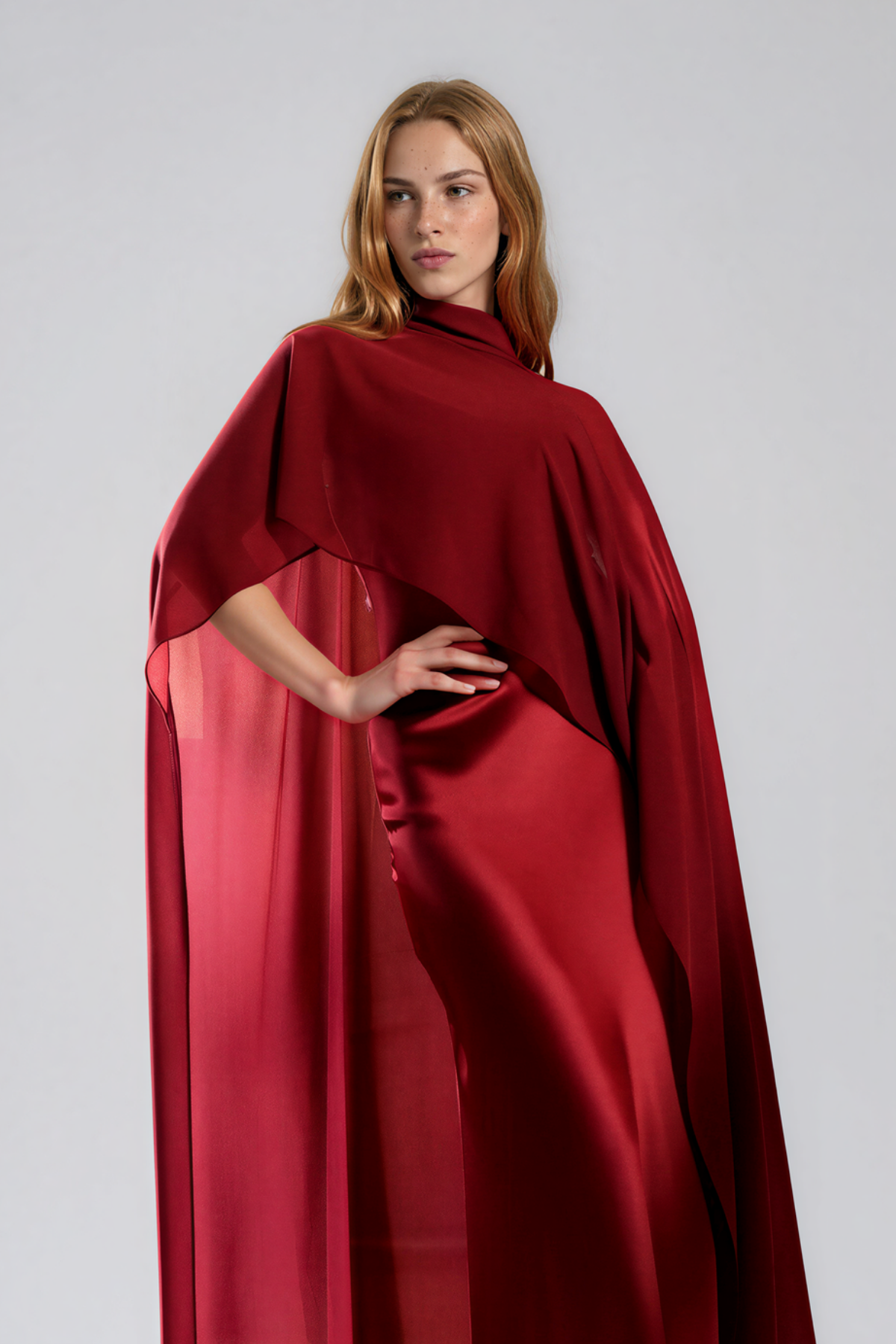 Naiya Shawl Satin Maxi Dress In Red