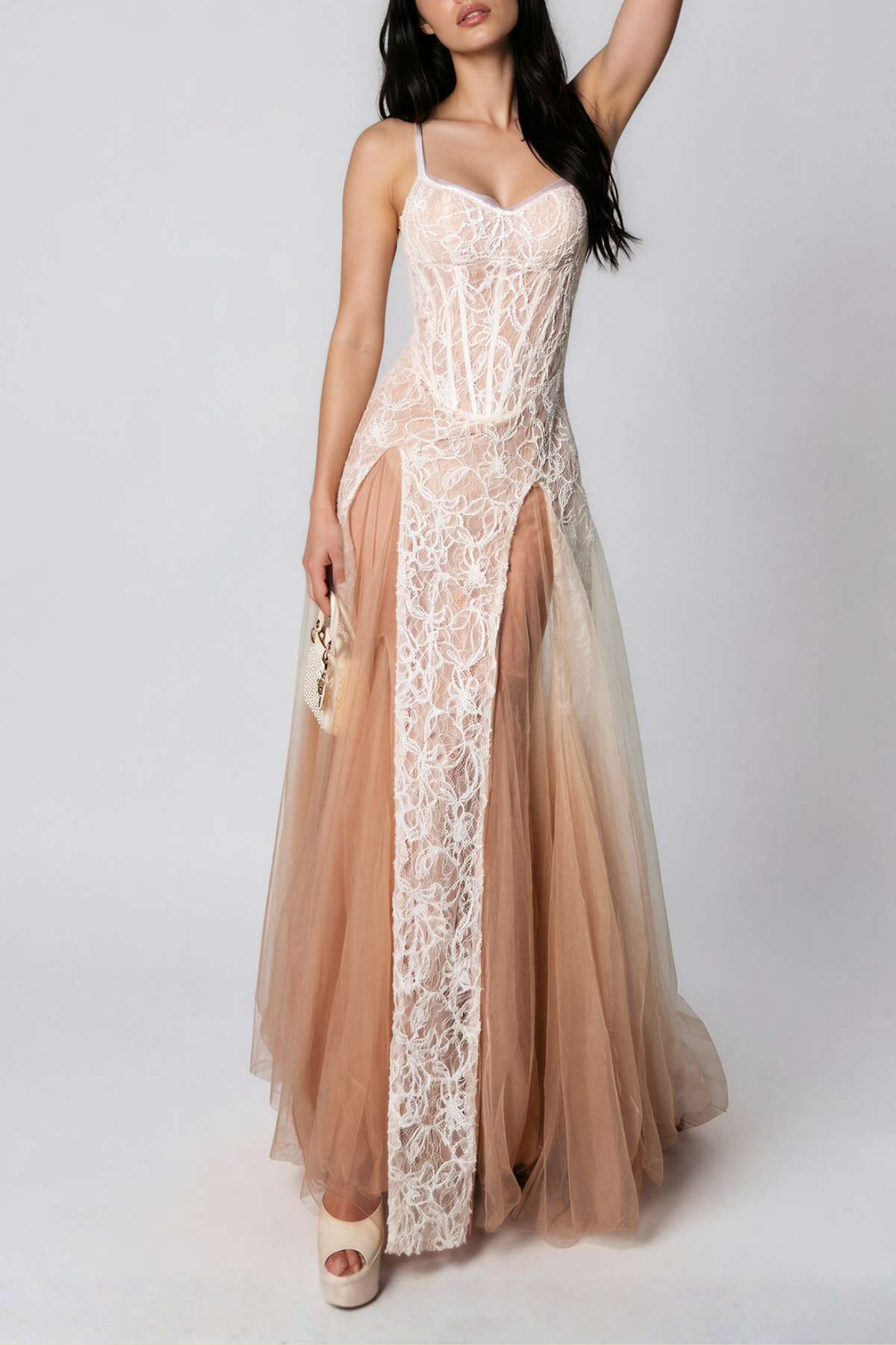 Najib Spaghetti Lace Mesh Maxi Dress