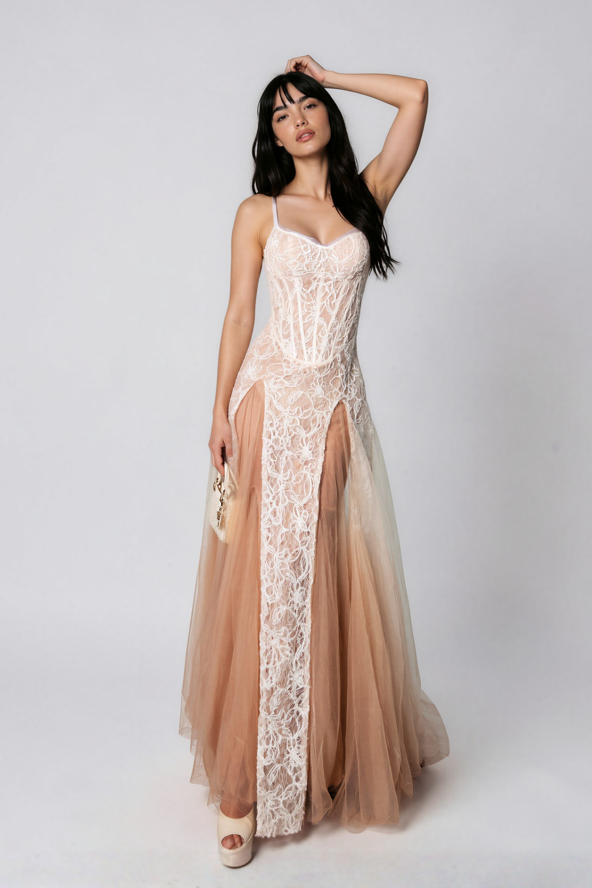 Najib Spaghetti Lace Mesh Maxi Dress