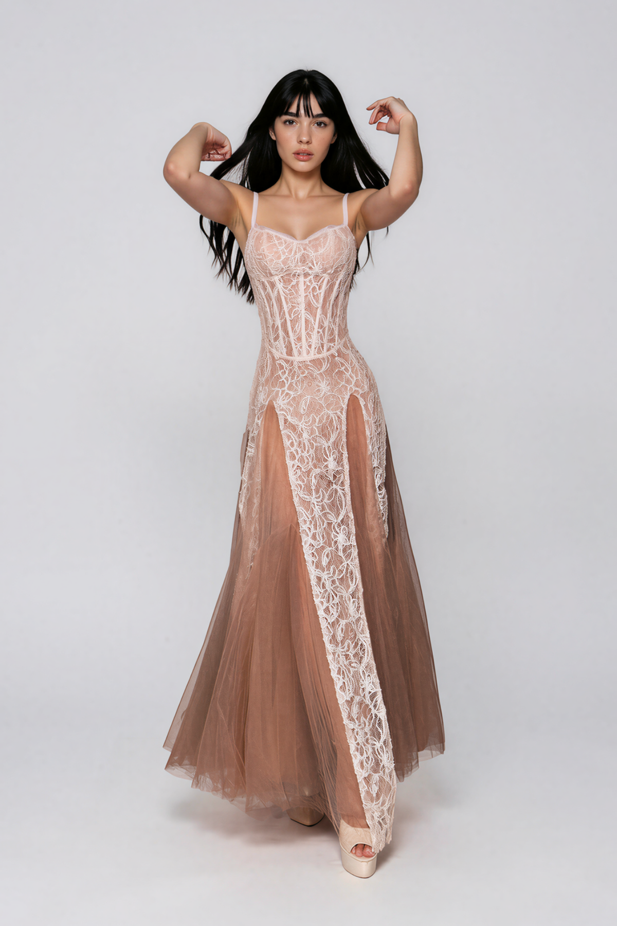 Najib Spaghetti Lace Mesh Maxi Dress