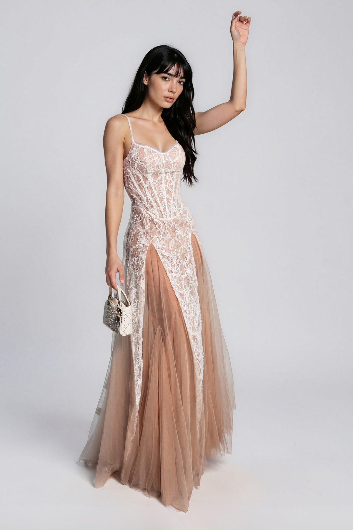 Najib Spaghetti Lace Mesh Maxi Dress