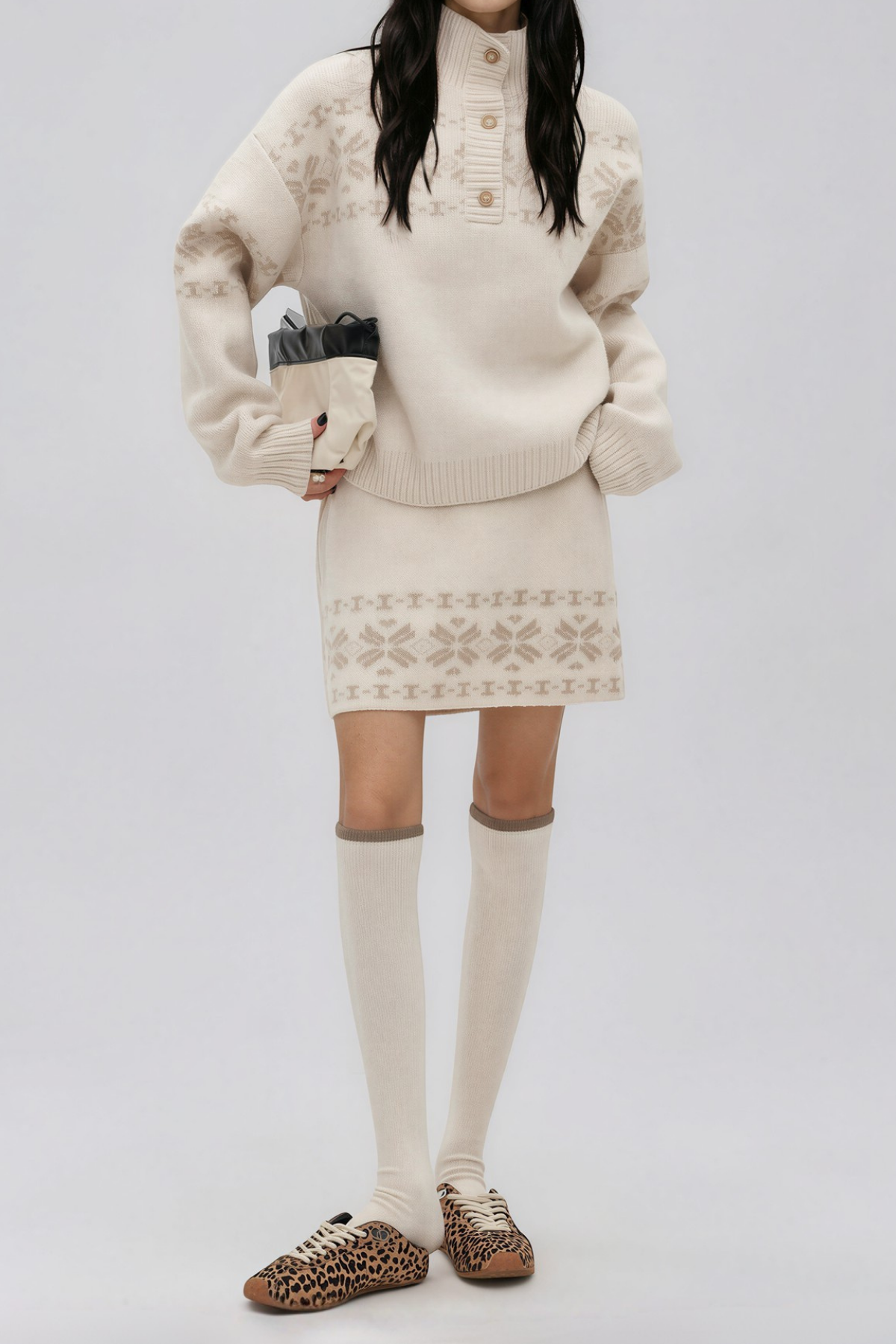 Najya High Neck Knit Skirt Set In Apricot