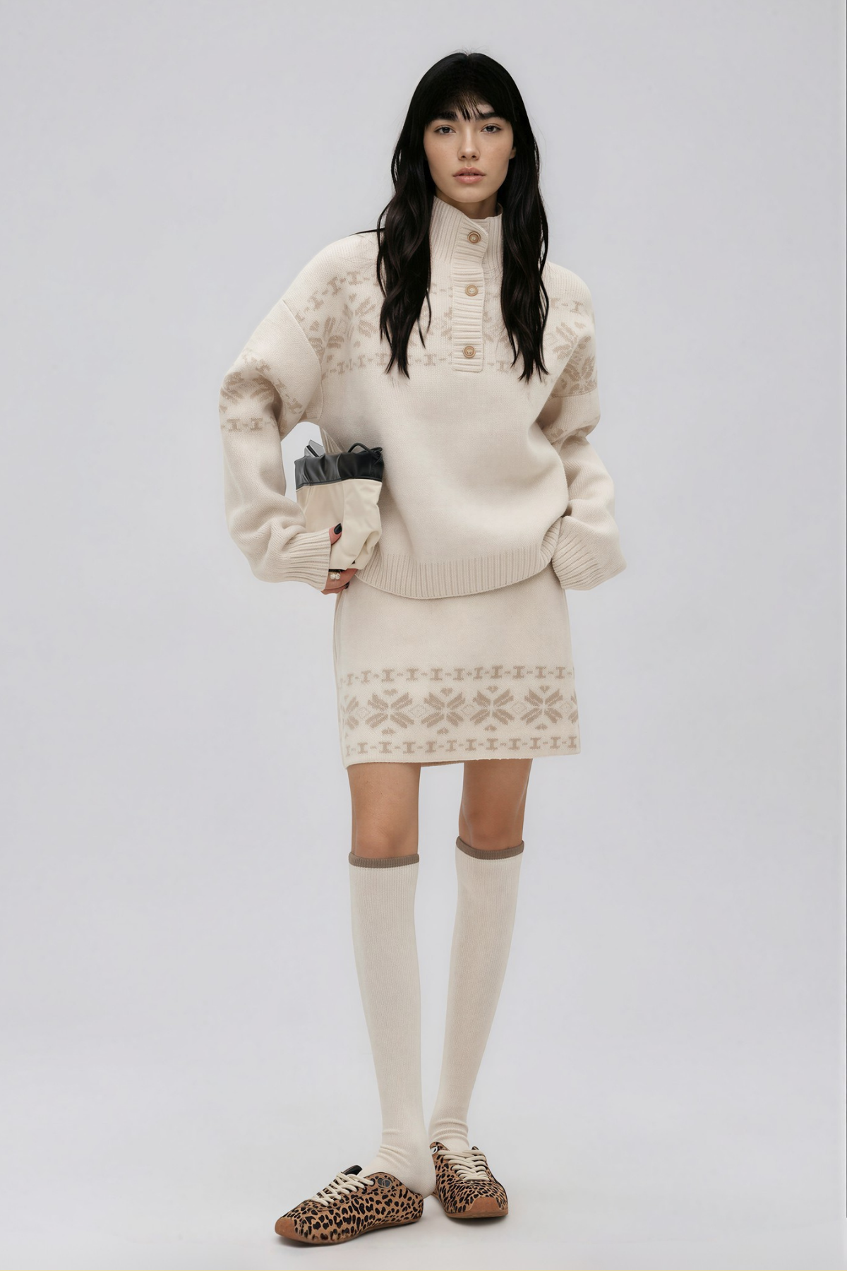 Najya High Neck Knit Skirt Set In Apricot