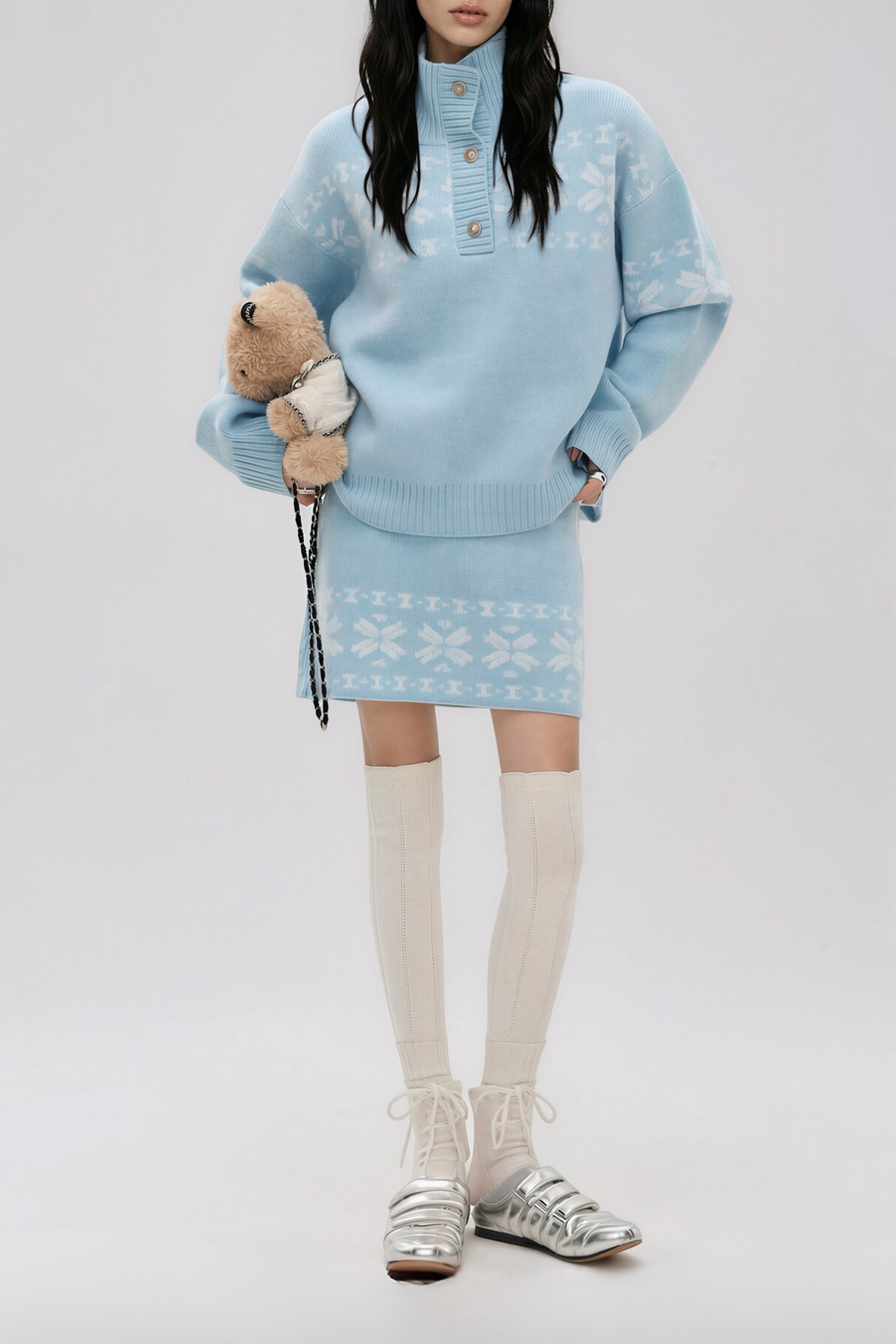 Najya High Neck Knit Skirt Set In Blue