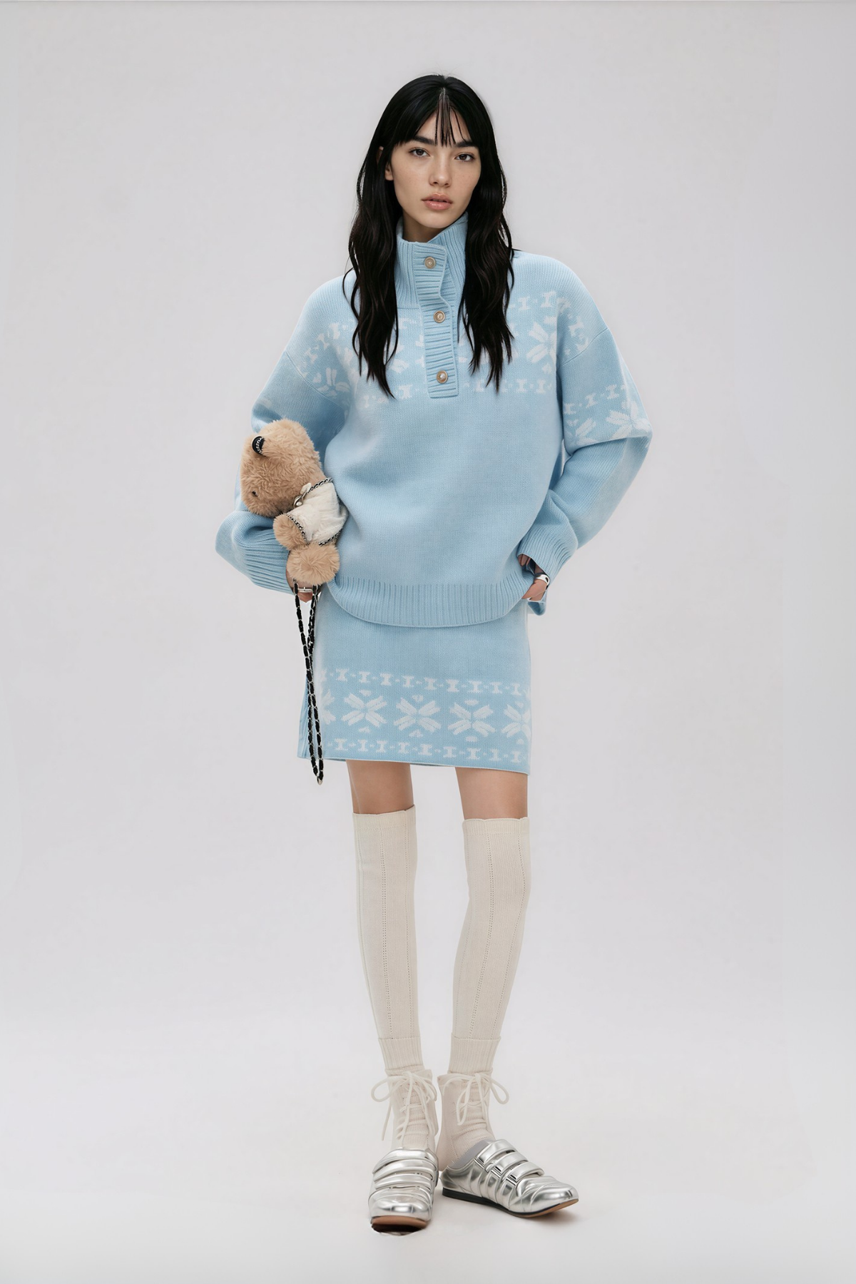 Najya High Neck Knit Skirt Set In Blue