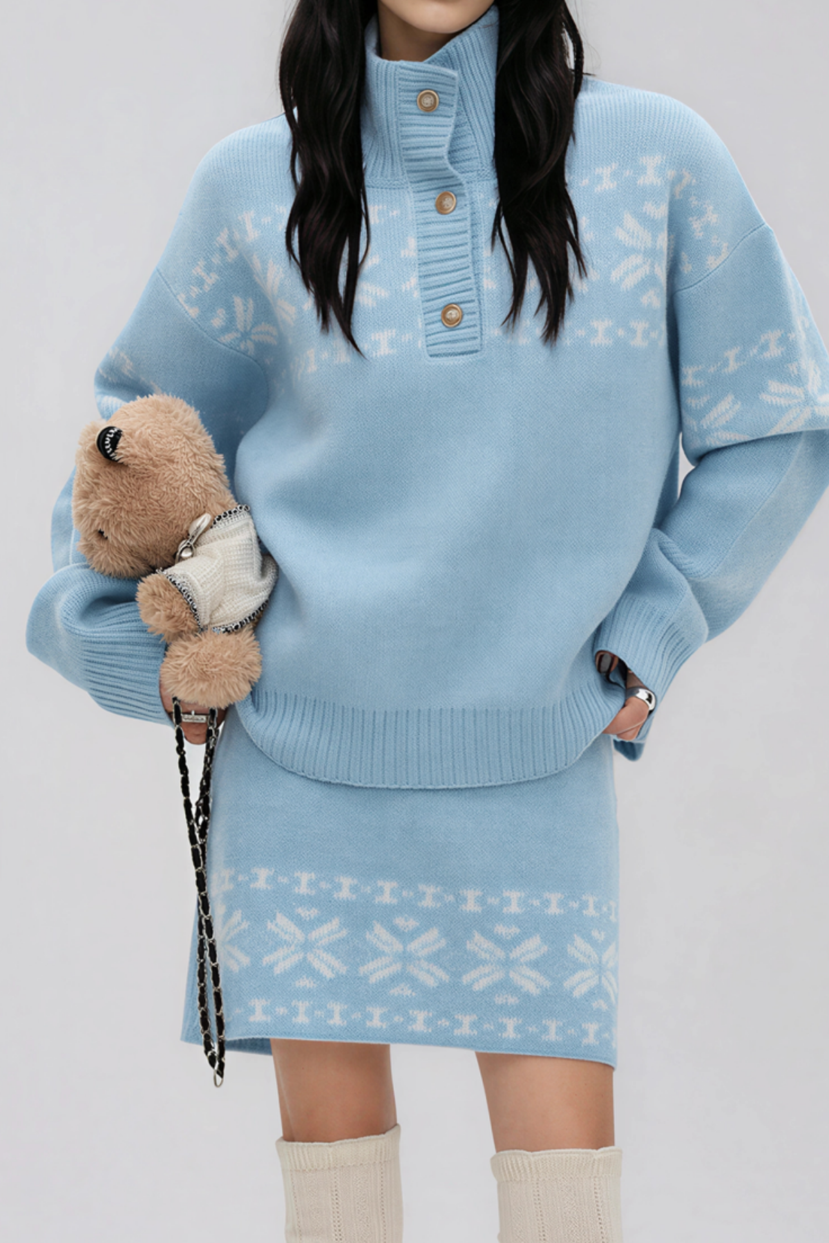 Najya High Neck Knit Skirt Set In Blue