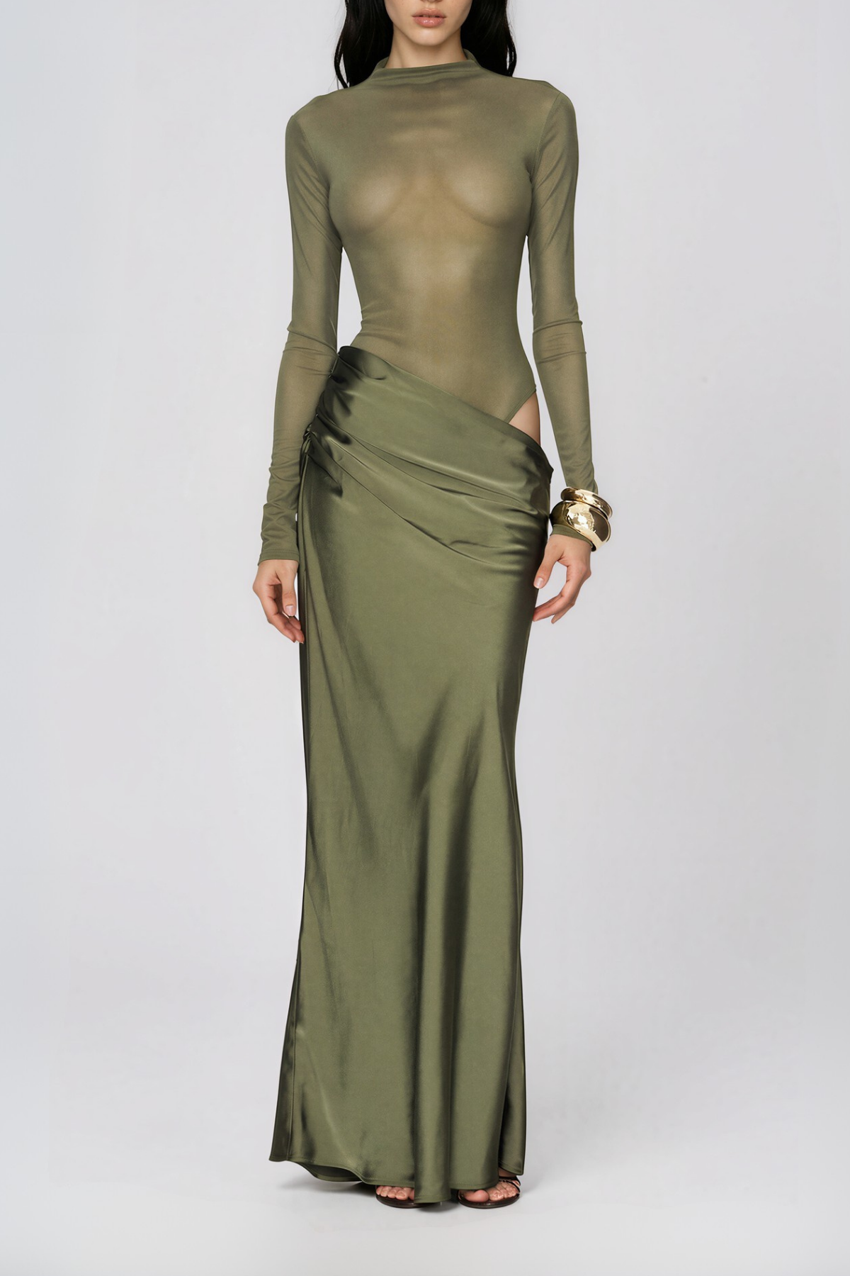 Nakia High Neck Mesh Satin Maxi Dress