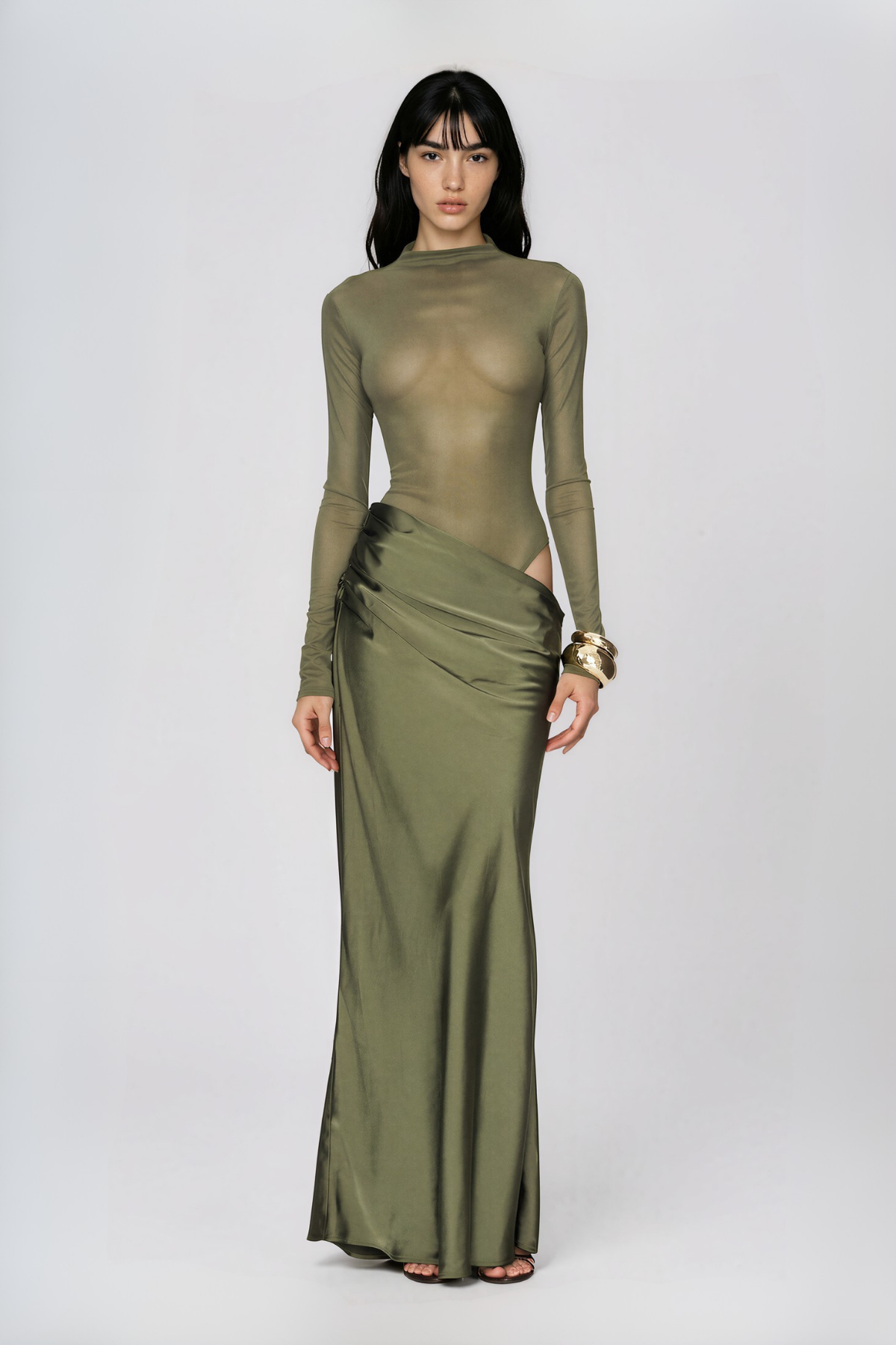 Nakia High Neck Mesh Satin Maxi Dress